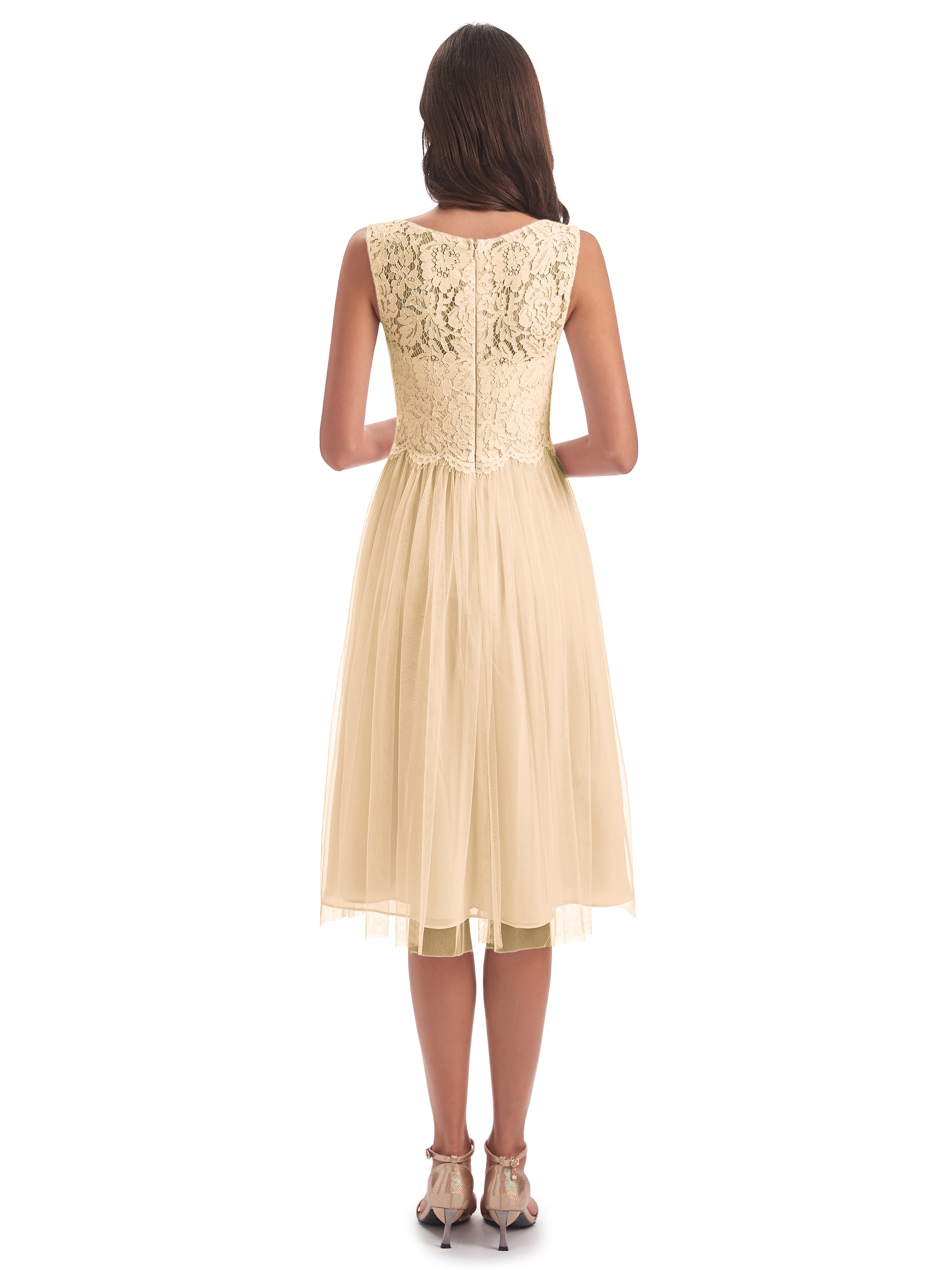 Robe Pêche Demoiselle D Honneur Bateau Longueur Genou Tulle/Dentelle Robes Demoiselle D'Honneur