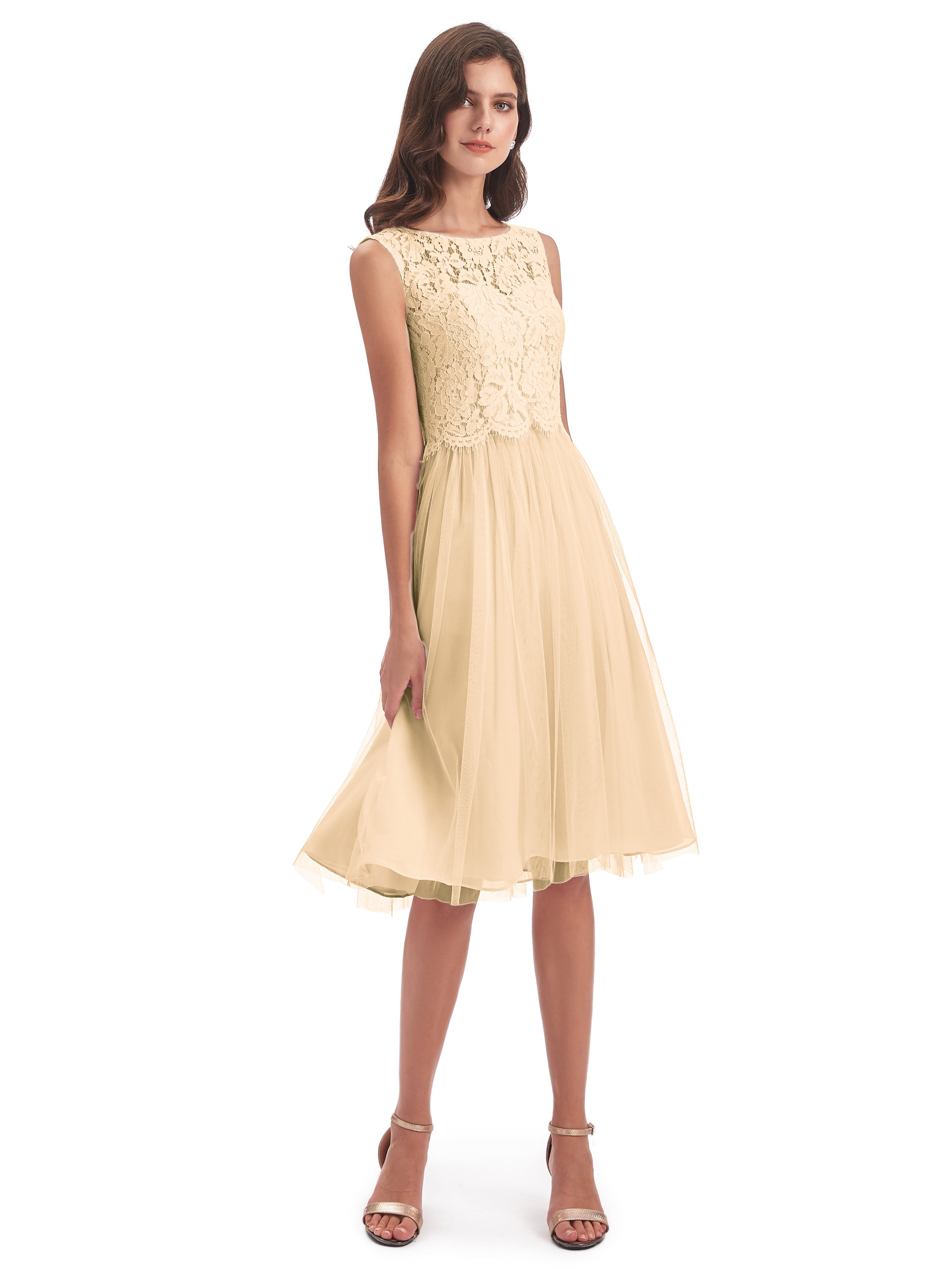 Robe Pêche Demoiselle D Honneur Bateau Longueur Genou Tulle/Dentelle Robes Demoiselle D'Honneur