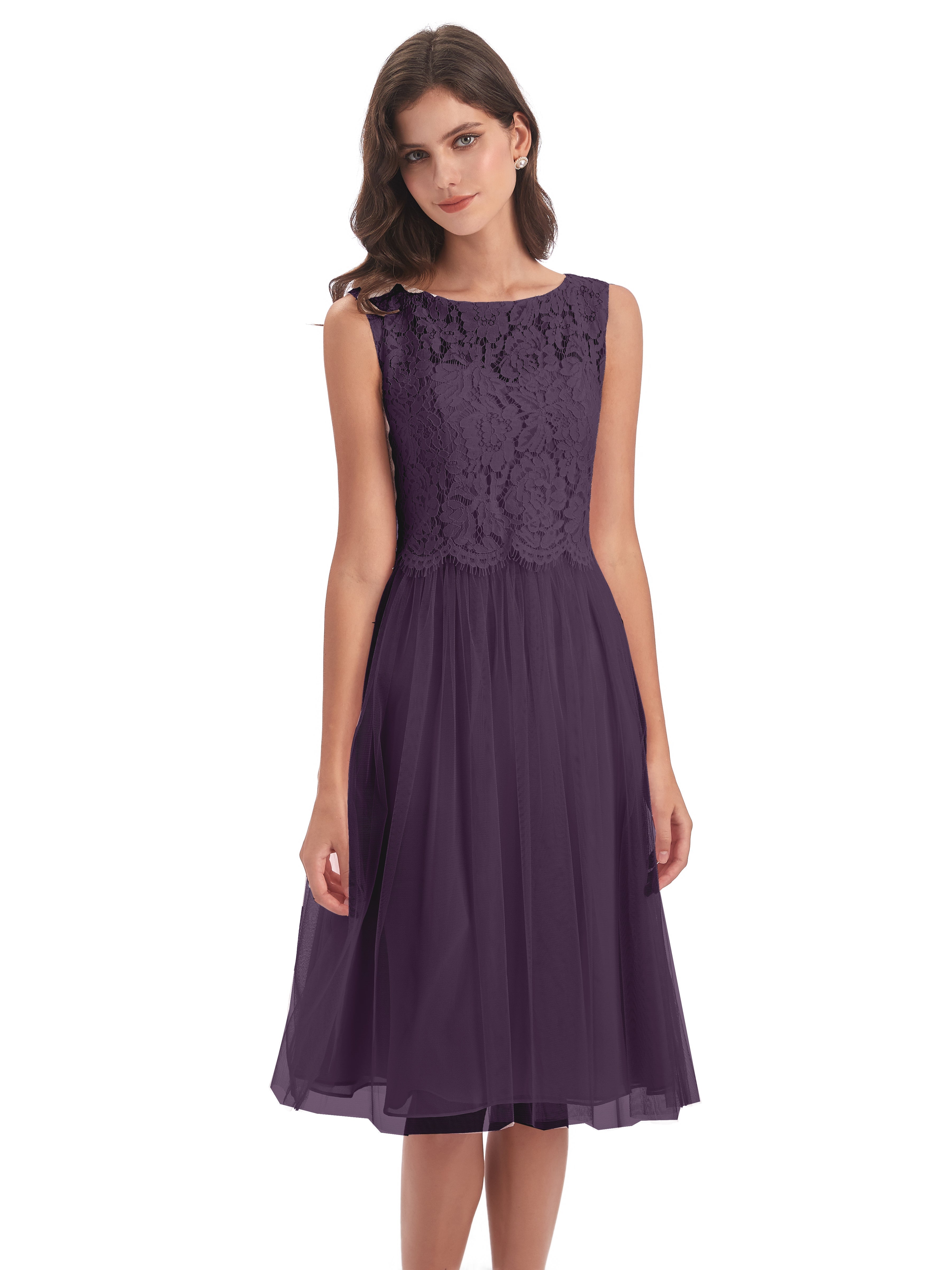 Robe Demoiselle D Honneur Plume Bateau Longueur Genou Tulle/Dentelle Robes Demoiselle D'Honneur