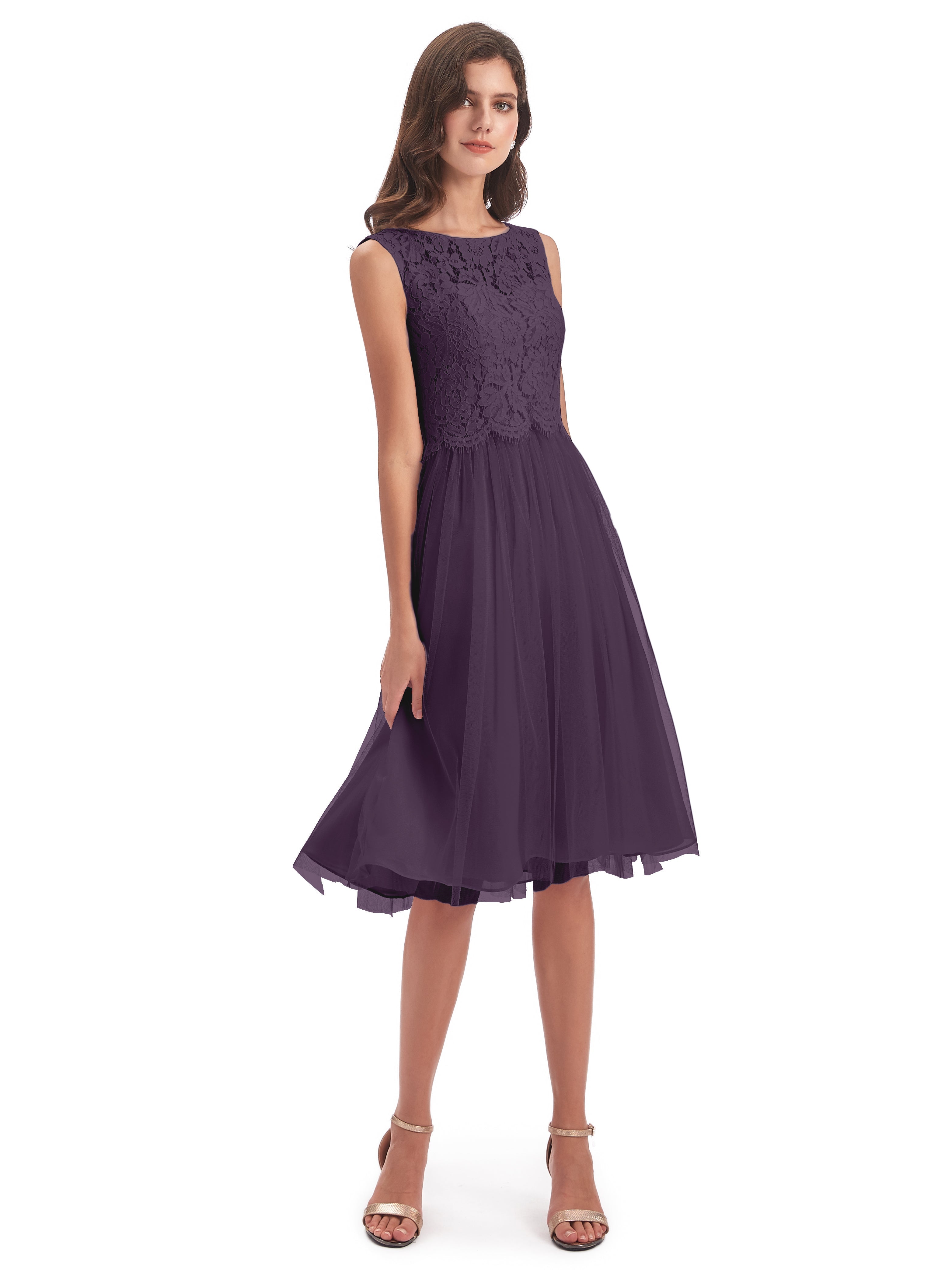 Robe Demoiselle D Honneur Plume Bateau Longueur Genou Tulle/Dentelle Robes Demoiselle D'Honneur