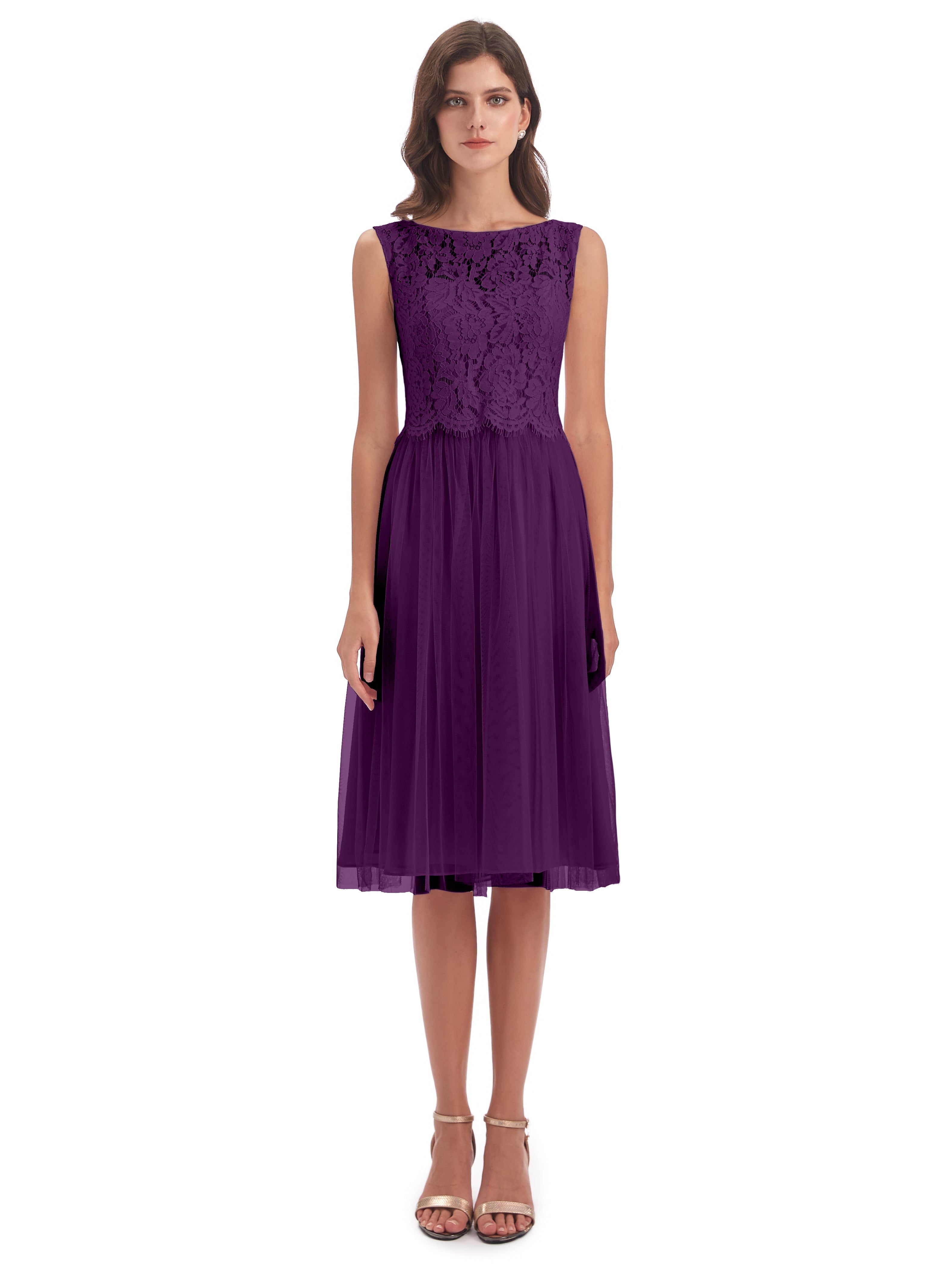 Robes De Demoiselle D'Honneur En Raisin Bateau Longueur Genou Tulle/Dentelle Robes Demoiselle D'Honneur