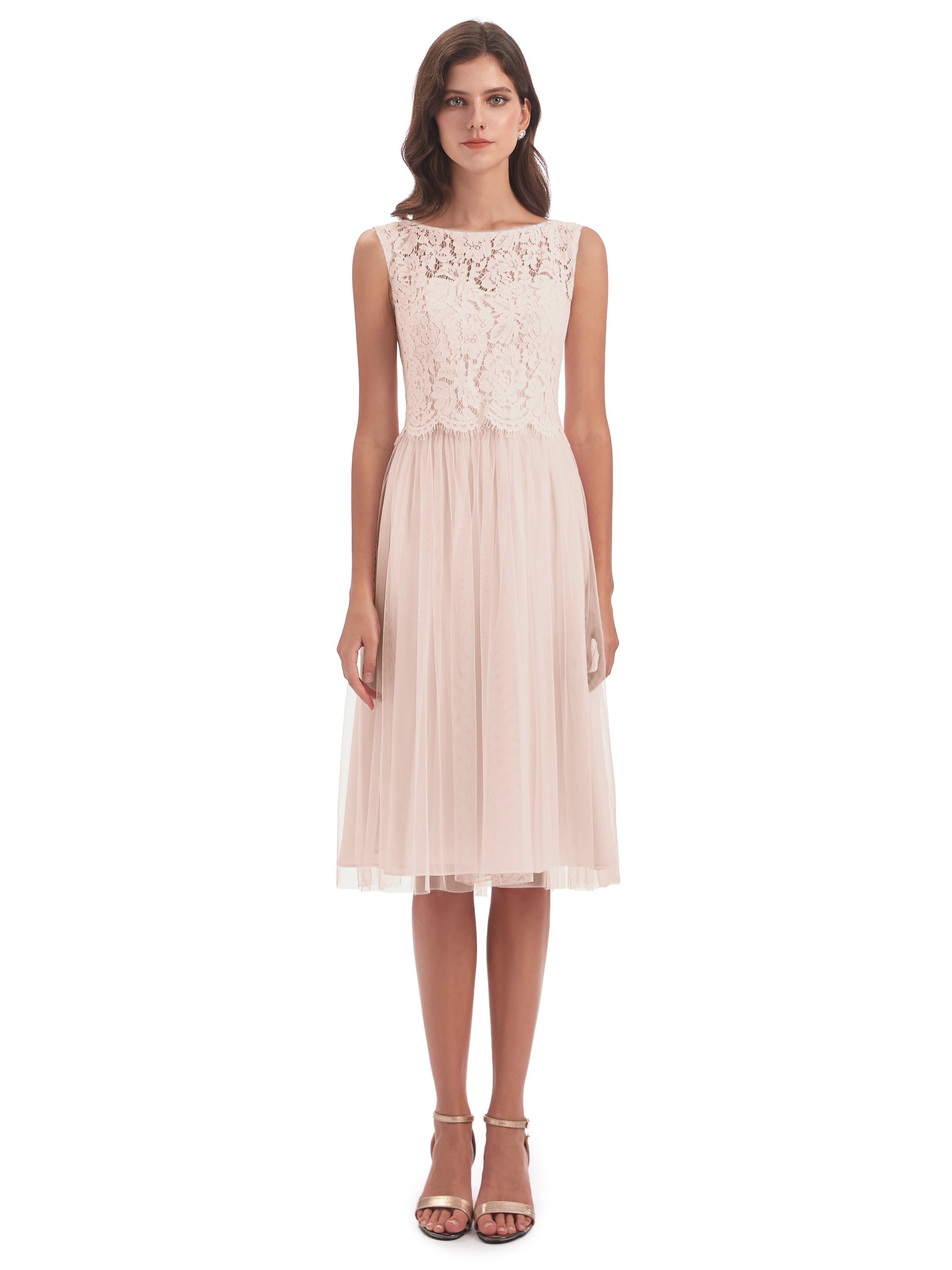 Robe Demoiselle D Honneur Rose Perle Bateau Longueur Genou Tulle/Dentelle Robes Demoiselle D'Honneur