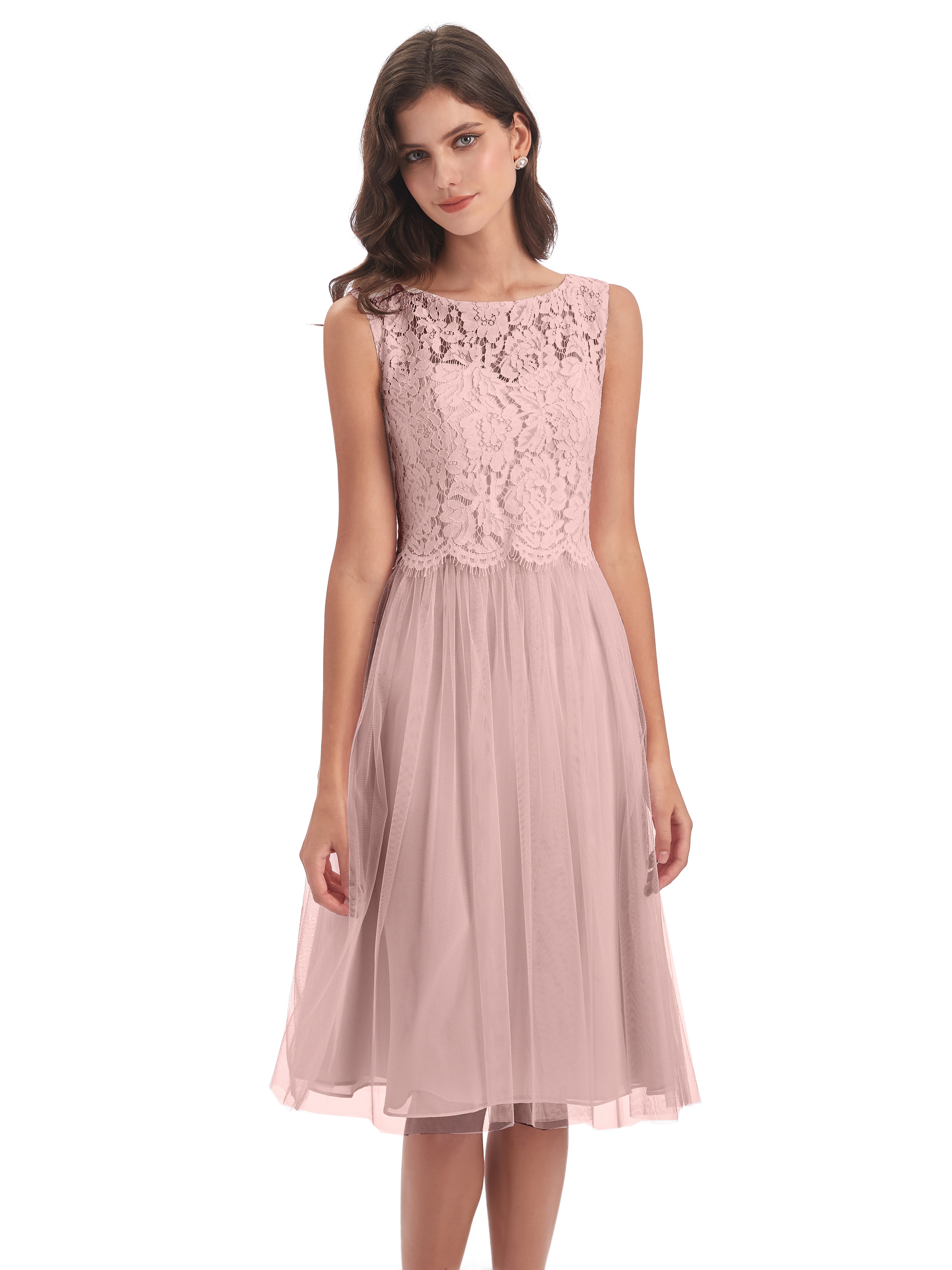 Robes De Demoiselle D'Honneur Couleur Rose Poudrée Bateau Longueur Genou Tulle/Dentelle Robes Demoiselle D'Honneur