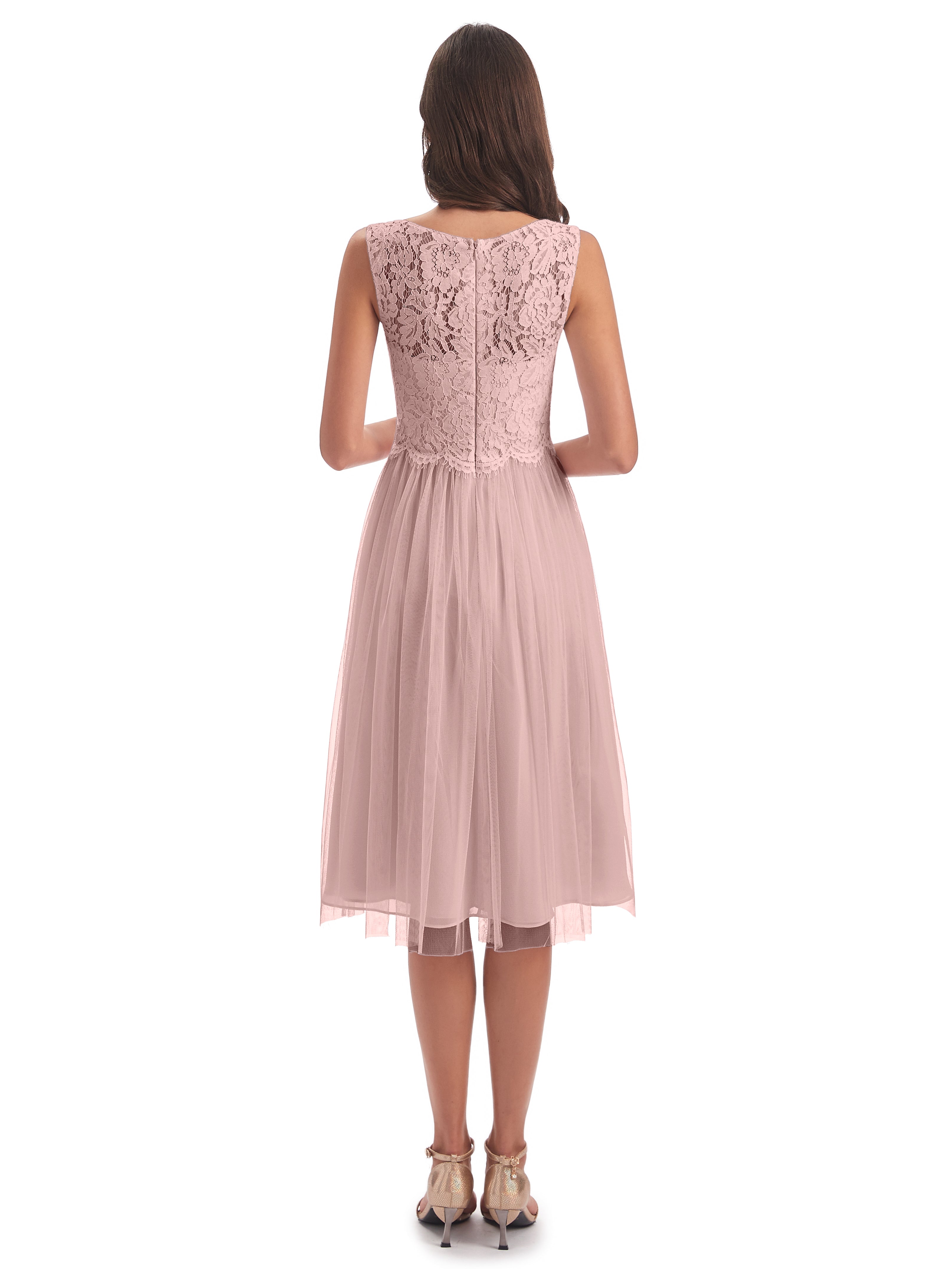 Robes De Demoiselle D'Honneur Couleur Rose Poudrée Bateau Longueur Genou Tulle/Dentelle Robes Demoiselle D'Honneur