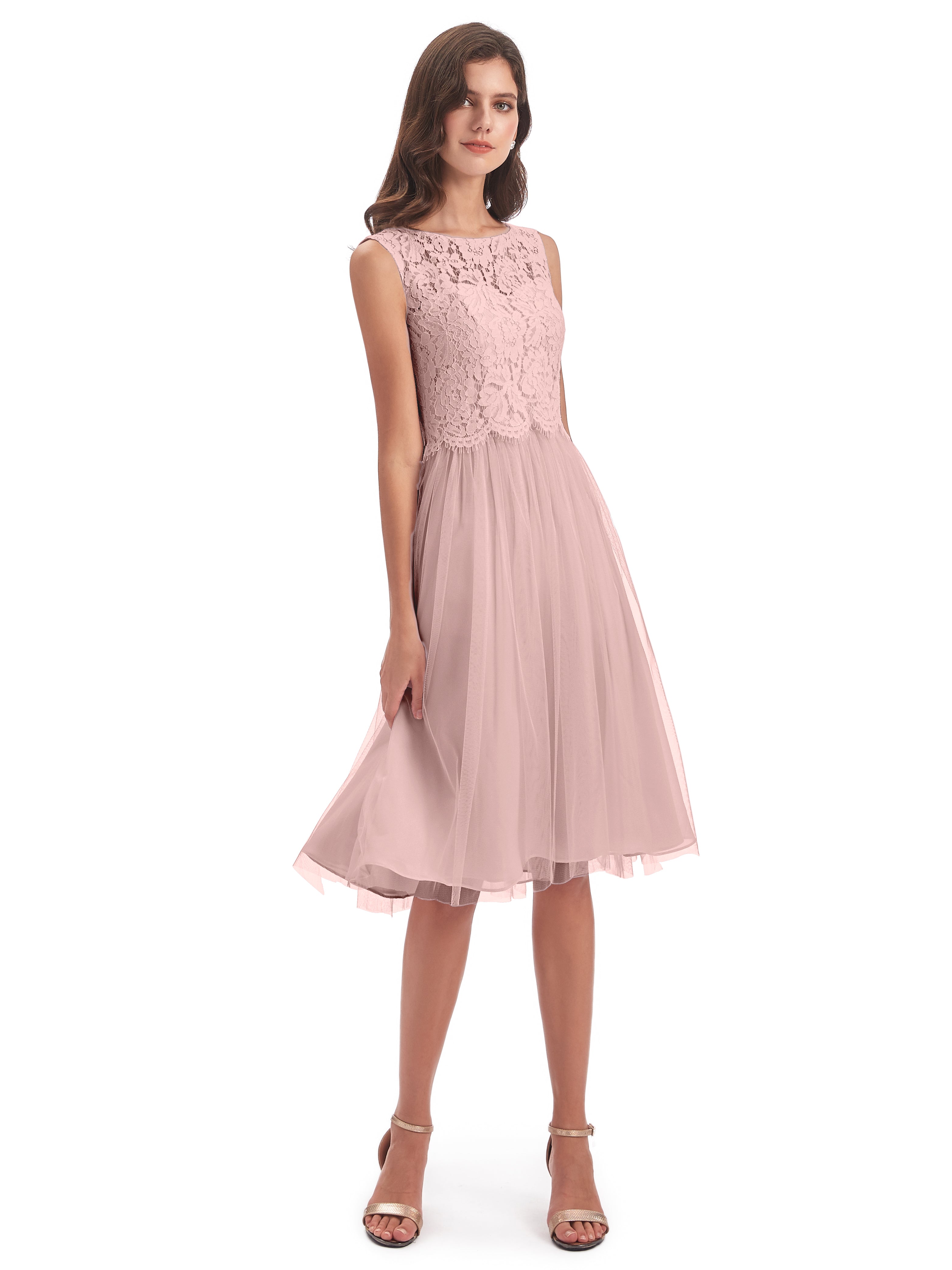 Robes De Demoiselle D'Honneur Couleur Rose Poudrée Bateau Longueur Genou Tulle/Dentelle Robes Demoiselle D'Honneur