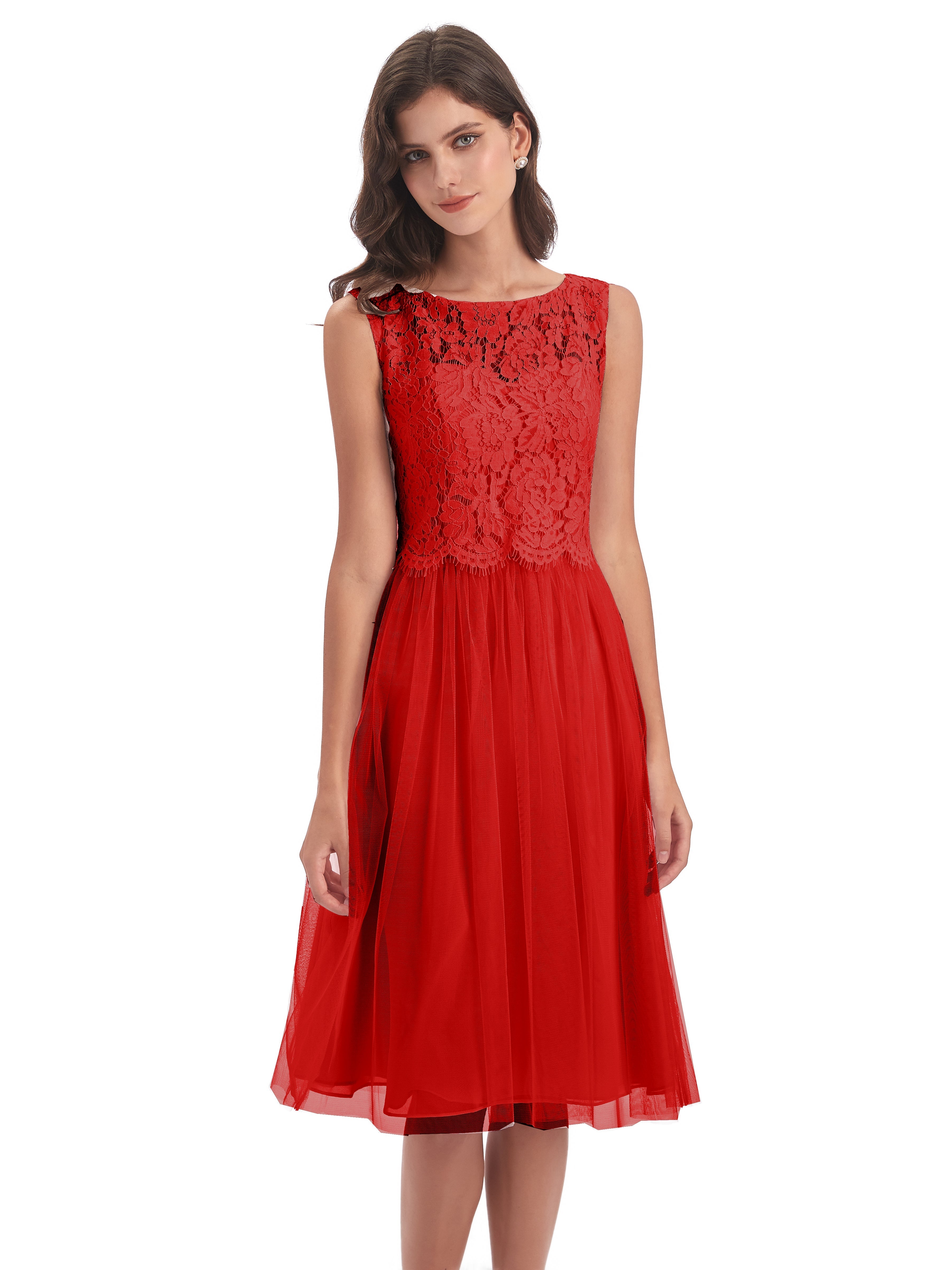 Robe Rouge Demoiselle D Honneur Bateau Longueur Genou Tulle/Dentelle Robes Demoiselle D'Honneur