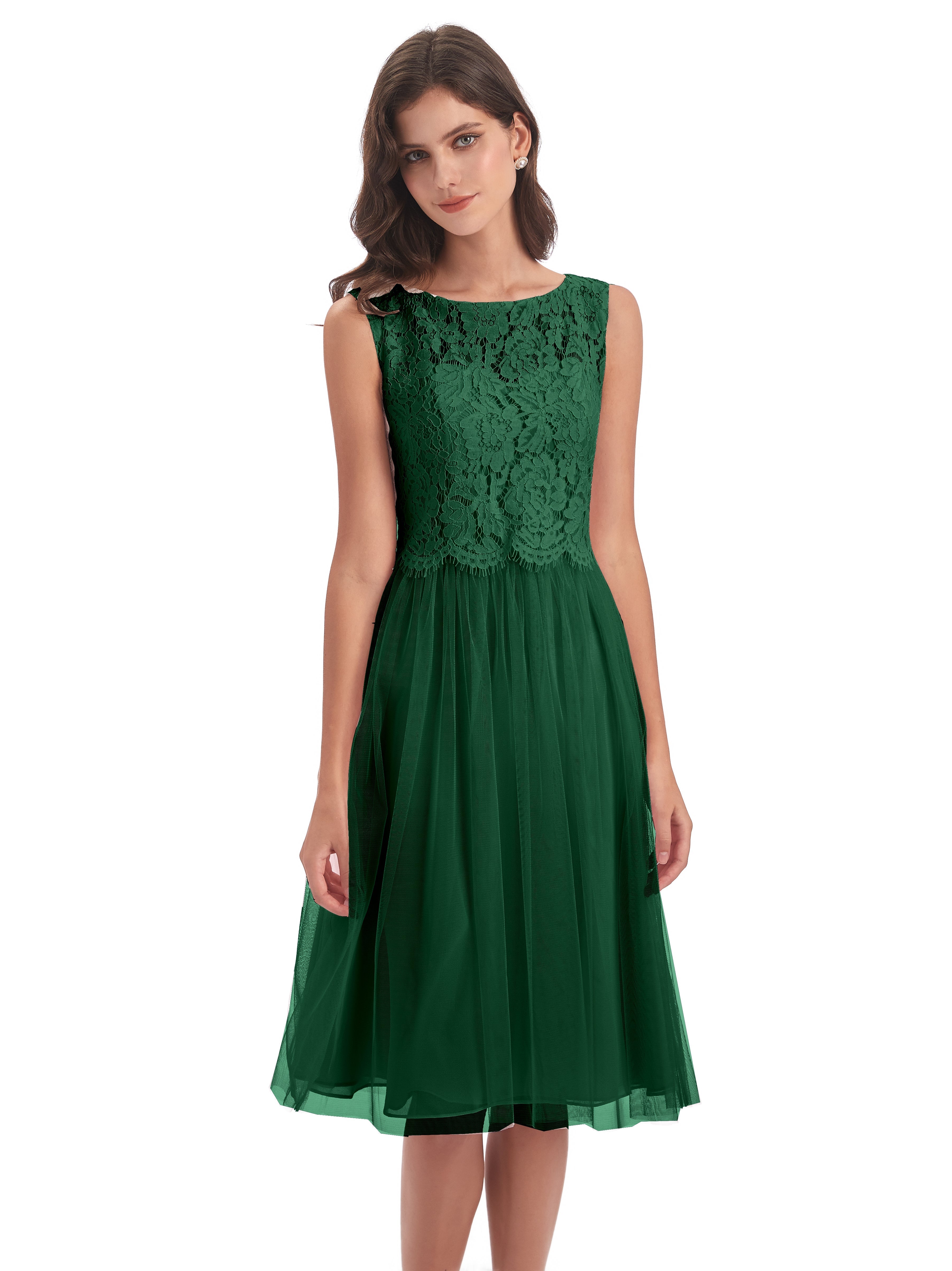 Robes De Demoiselle D'Honneur Vert Foncé Bateau Longueur Genou Tulle/Dentelle Robes Demoiselle D'Honneur