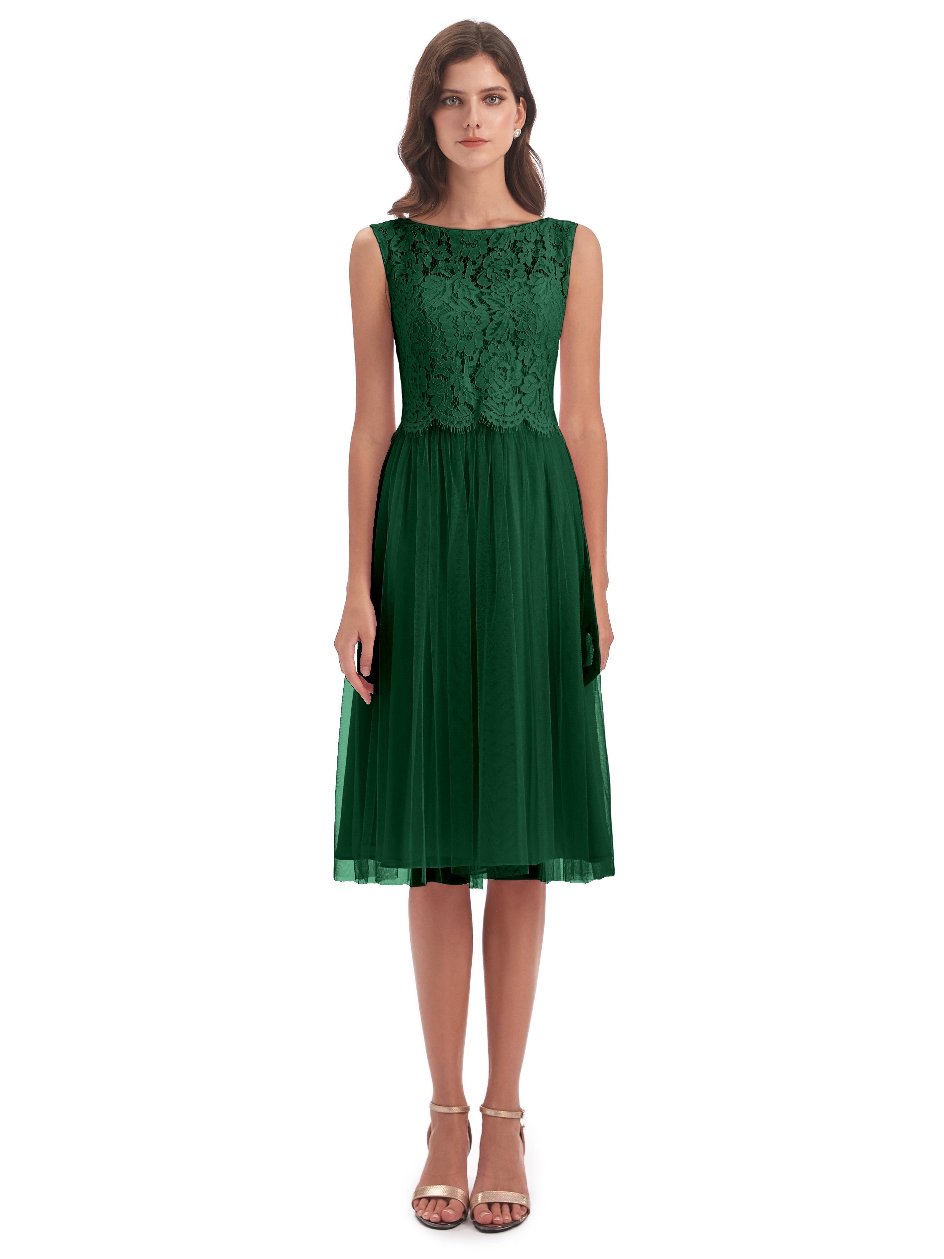 Robes De Demoiselle D'Honneur Vert Foncé Bateau Longueur Genou Tulle/Dentelle Robes Demoiselle D'Honneur