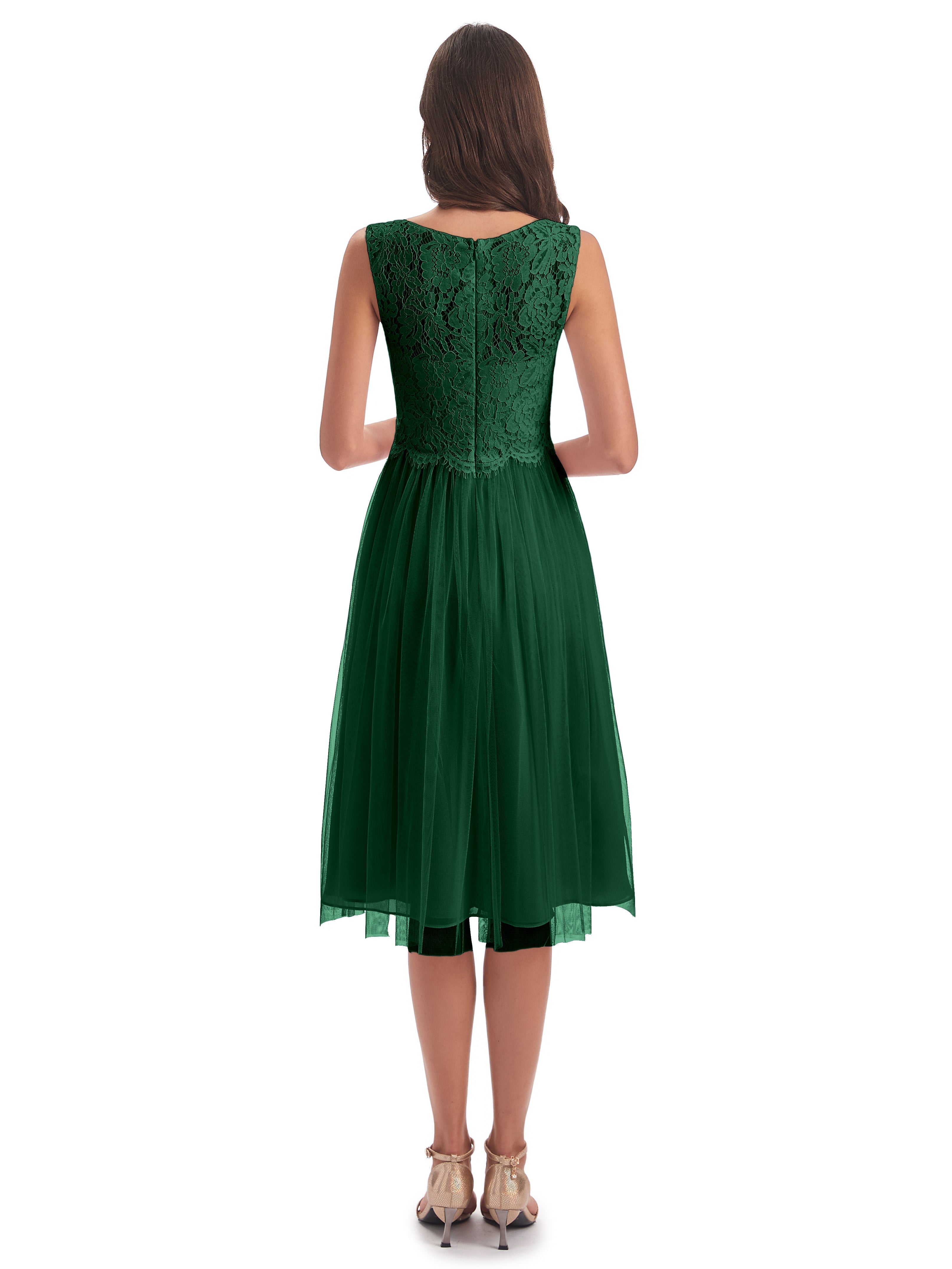 Robes De Demoiselle D'Honneur Vert Foncé Bateau Longueur Genou Tulle/Dentelle Robes Demoiselle D'Honneur