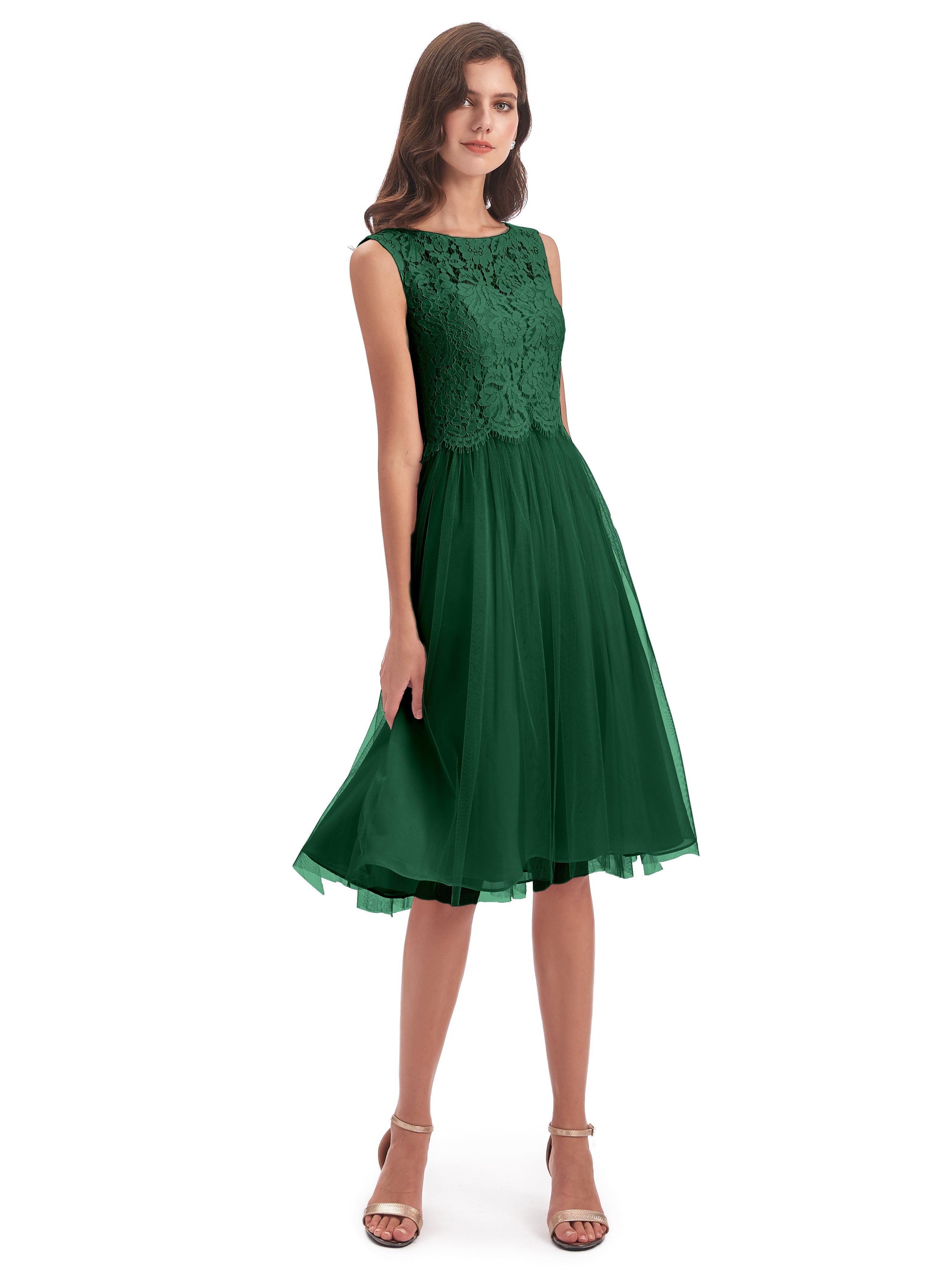 Robes De Demoiselle D'Honneur Vert Foncé Bateau Longueur Genou Tulle/Dentelle Robes Demoiselle D'Honneur