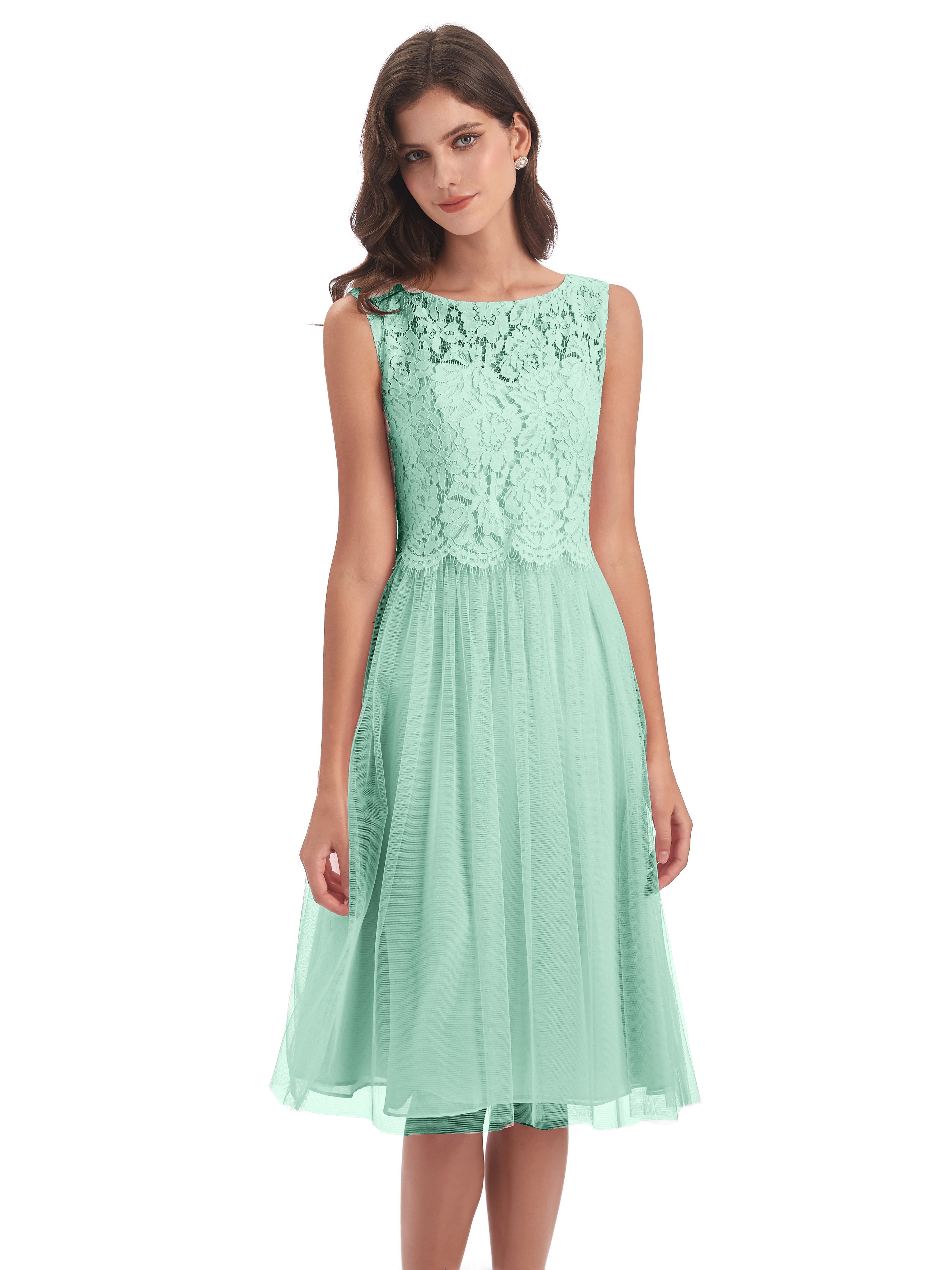 Robe Demoiselle D Honneur Vert Menthe Bateau Longueur Genou Tulle/Dentelle Robes Demoiselle D'Honneur