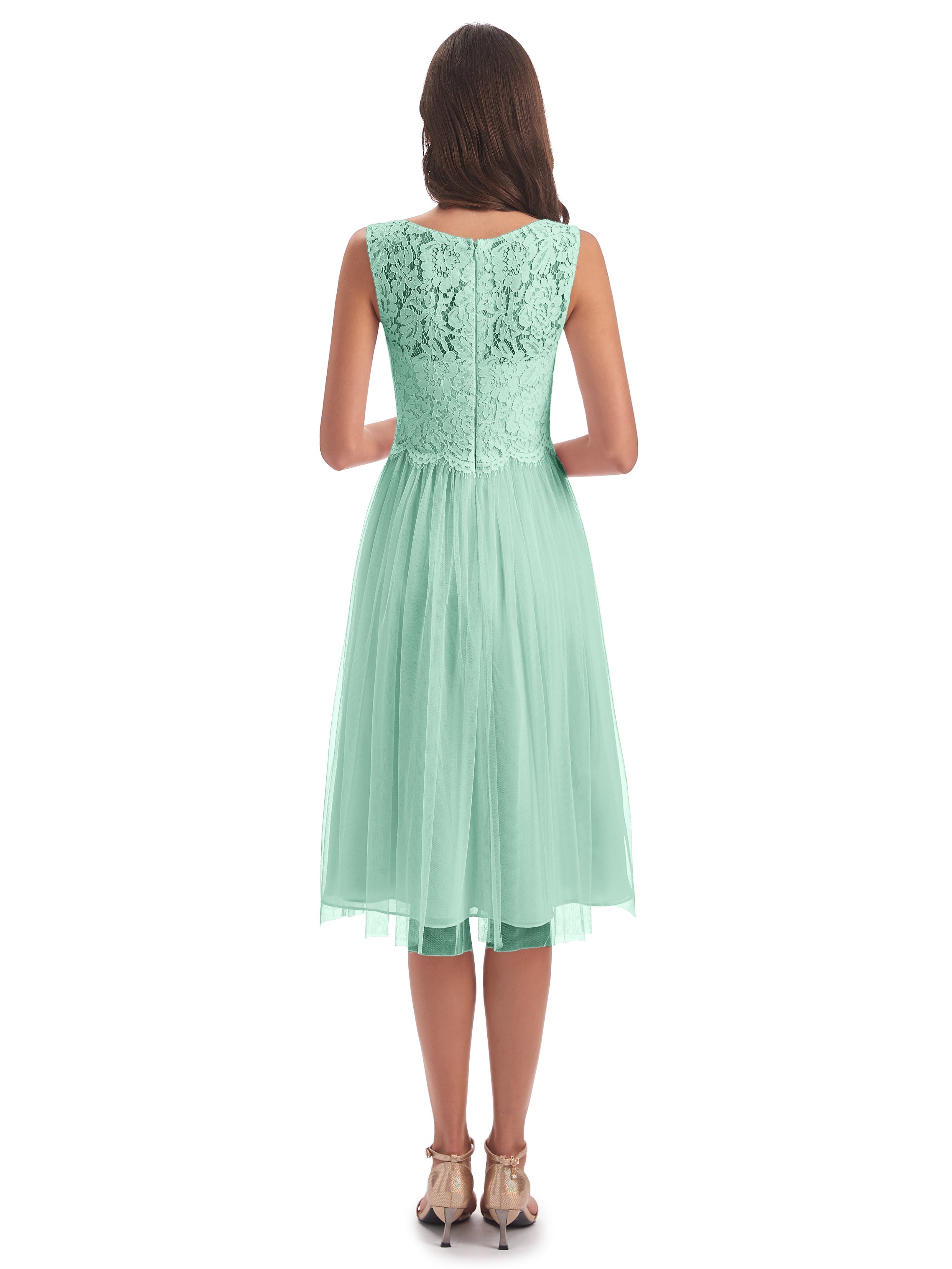 Robe Demoiselle D Honneur Vert Menthe Bateau Longueur Genou Tulle/Dentelle Robes Demoiselle D'Honneur