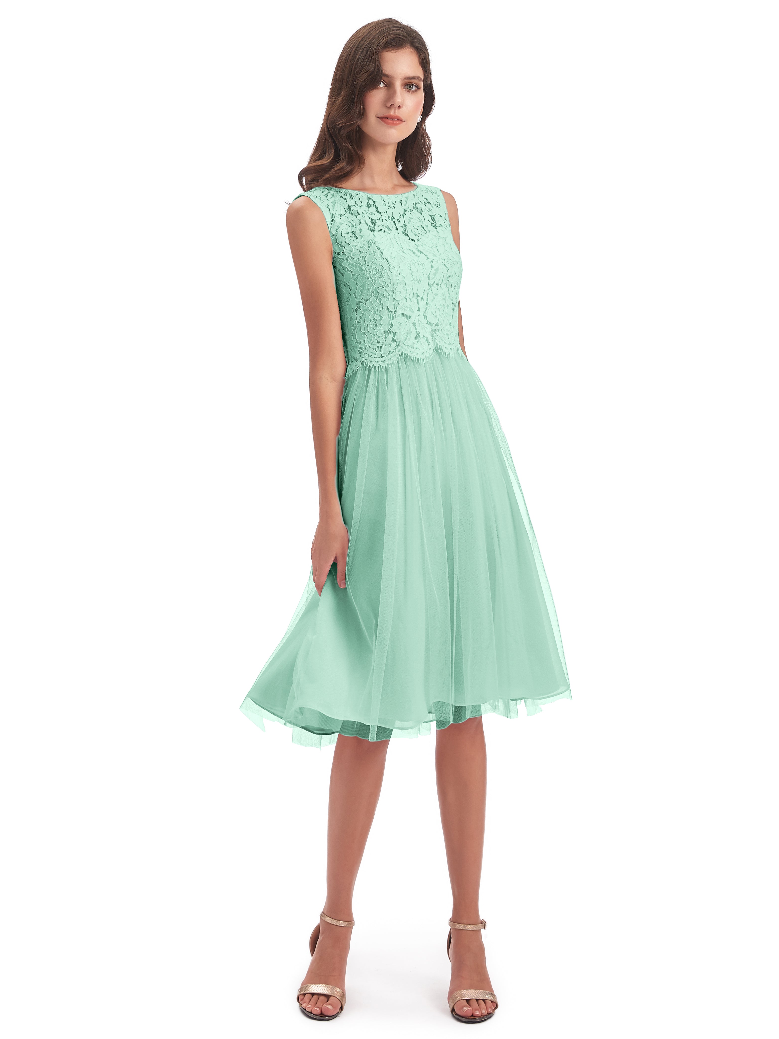 Robe Demoiselle D Honneur Vert Menthe Bateau Longueur Genou Tulle/Dentelle Robes Demoiselle D'Honneur
