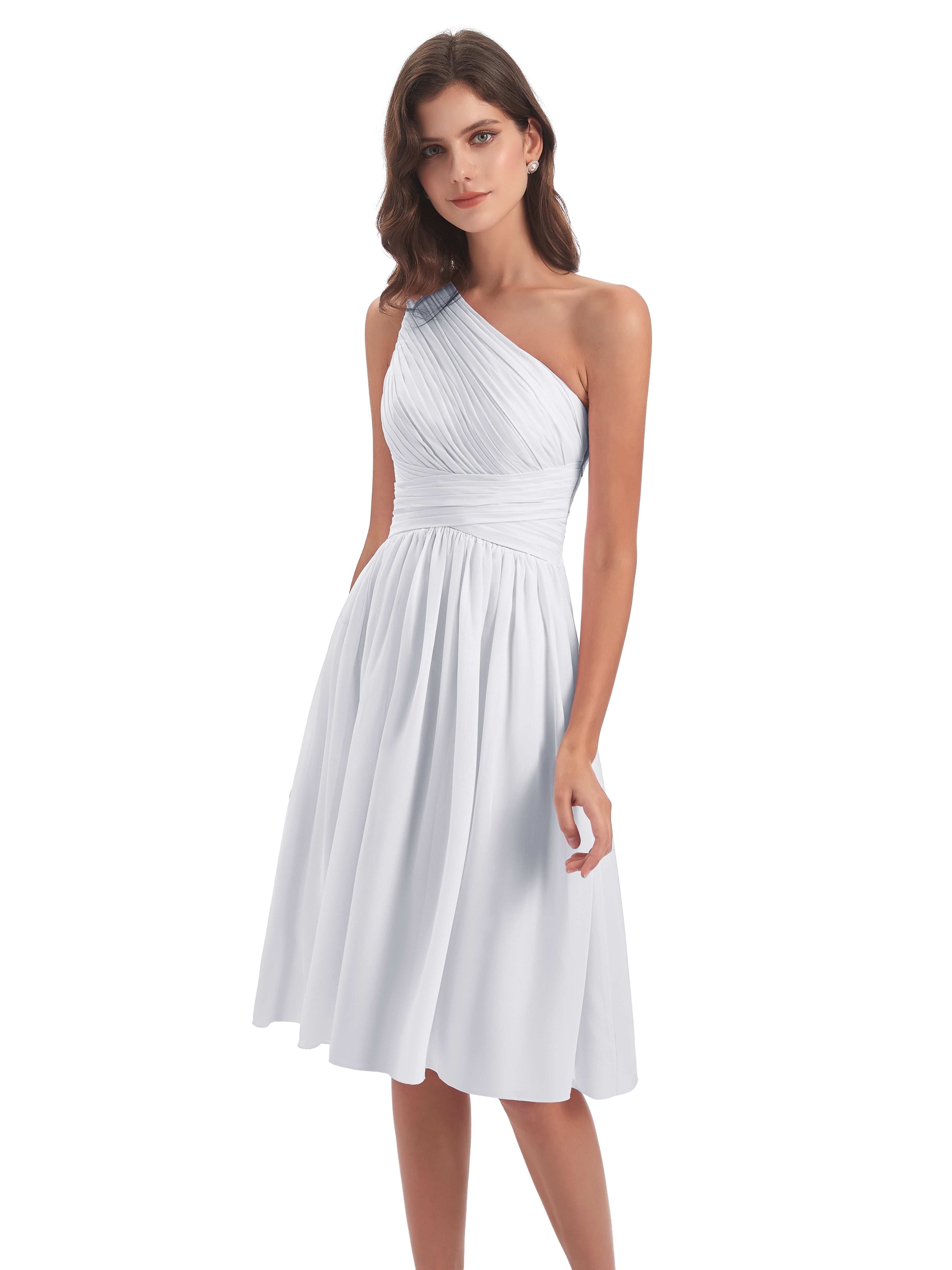 Robes De Demoiselle D'Honneur Blanches Seule-Épaule Longueur Genou Mousseline Robes Demoiselle D'Honneur