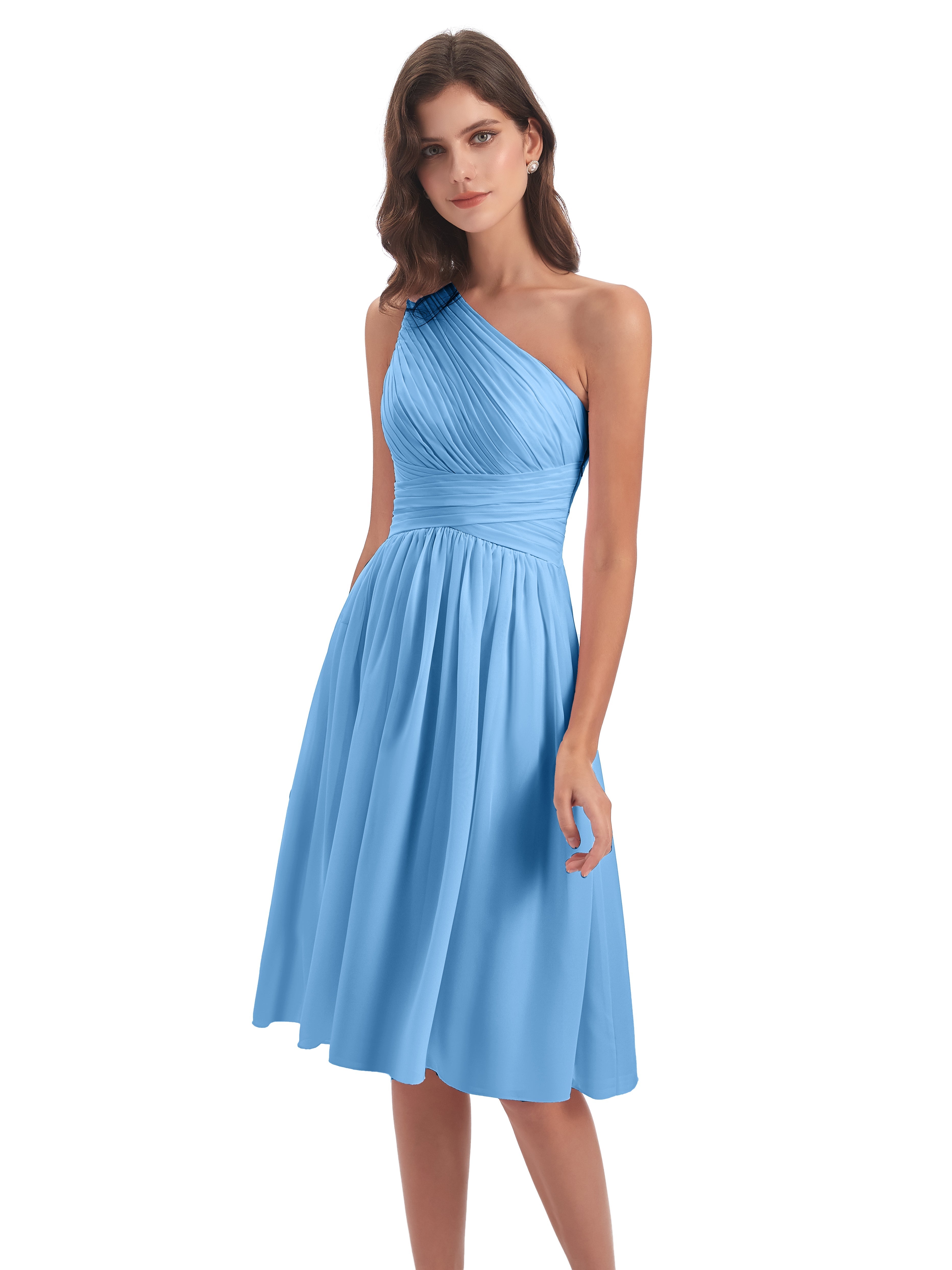 Robe Demoiselle D Honneur Courte Bleu Seule-Épaule Longueur Genou Mousseline Robes Demoiselle D'Honneur
