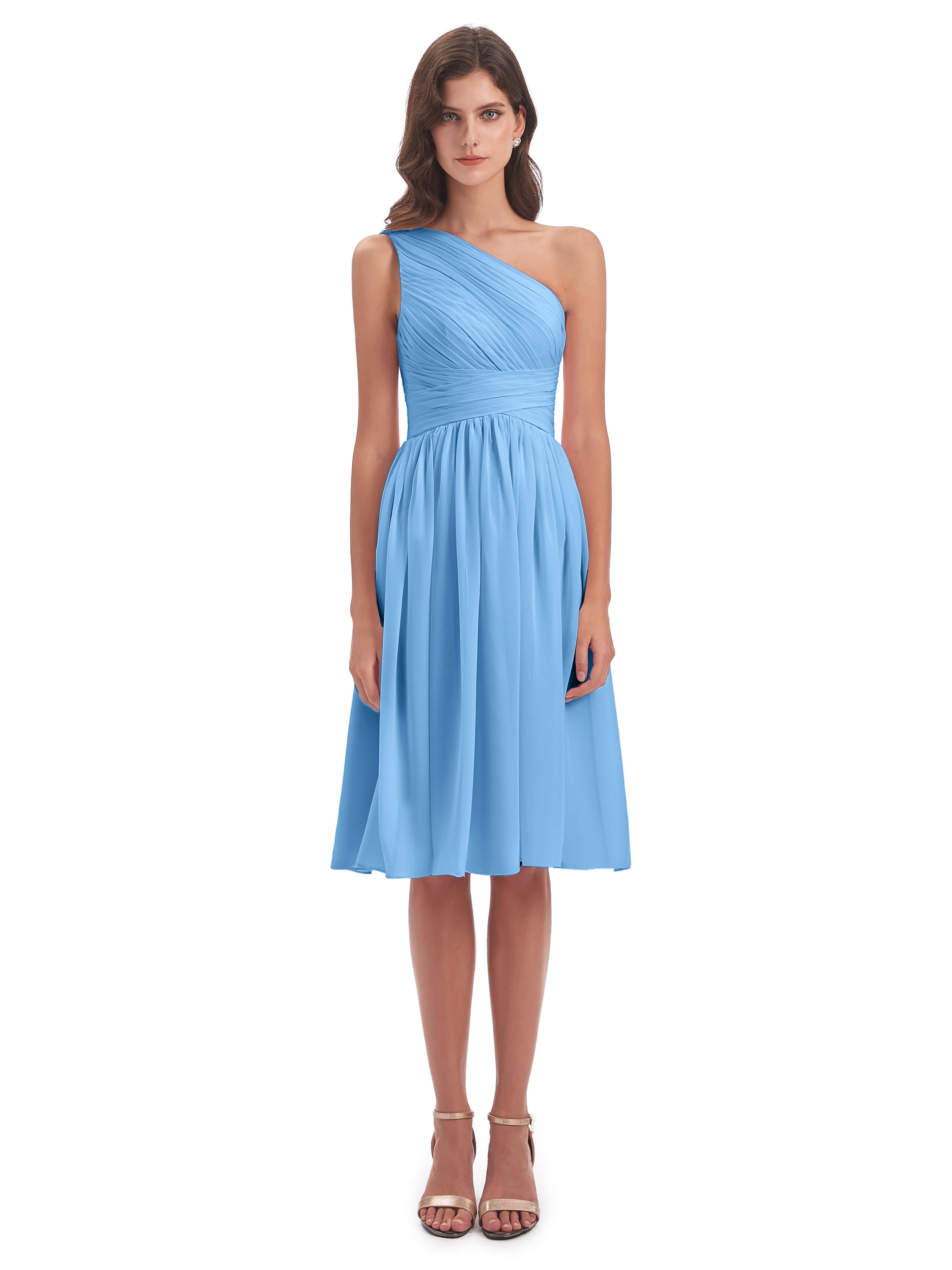 Robe Demoiselle D Honneur Courte Bleu Seule-Épaule Longueur Genou Mousseline Robes Demoiselle D'Honneur