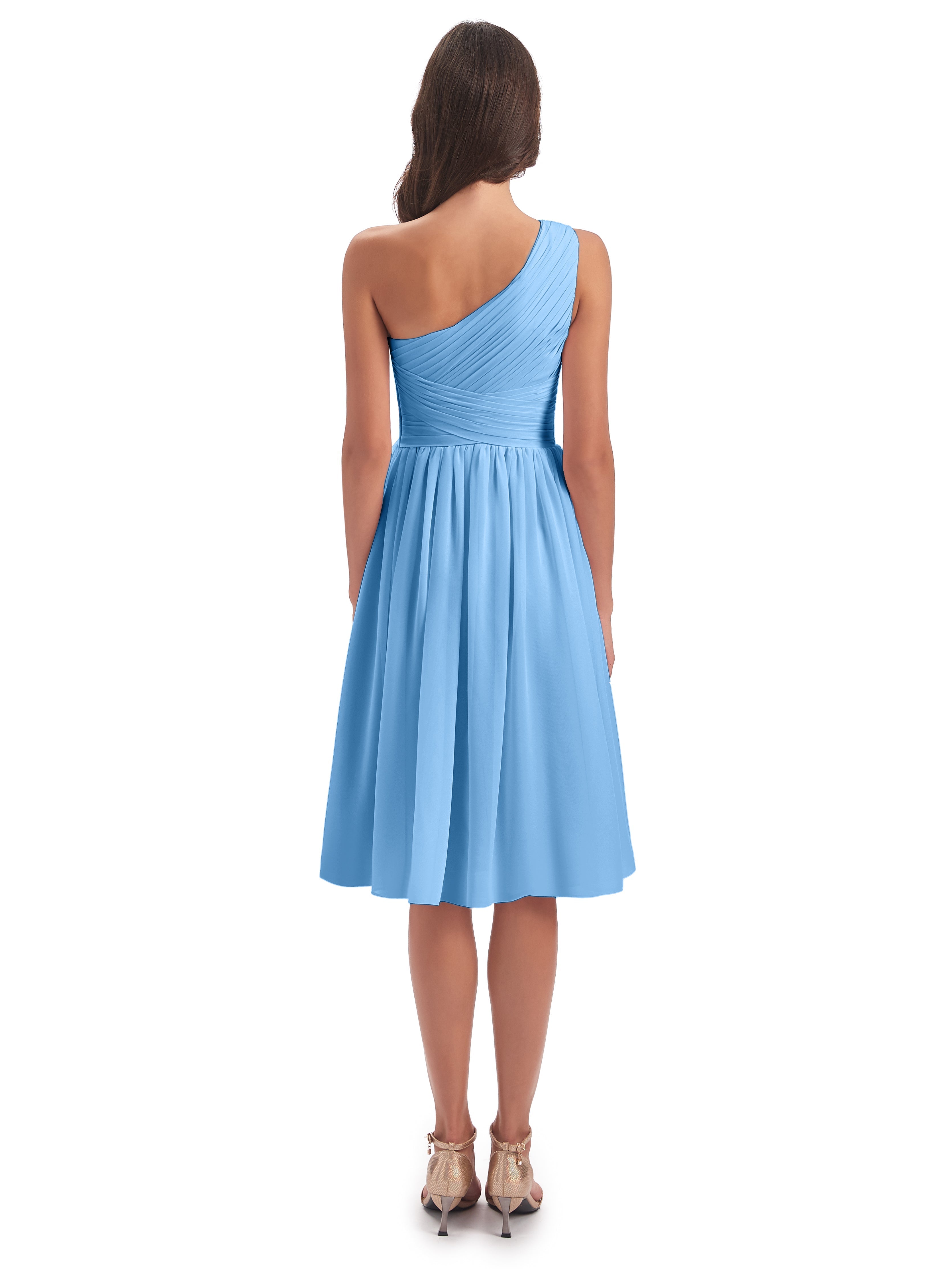 Robe Demoiselle D Honneur Courte Bleu Seule-Épaule Longueur Genou Mousseline Robes Demoiselle D'Honneur