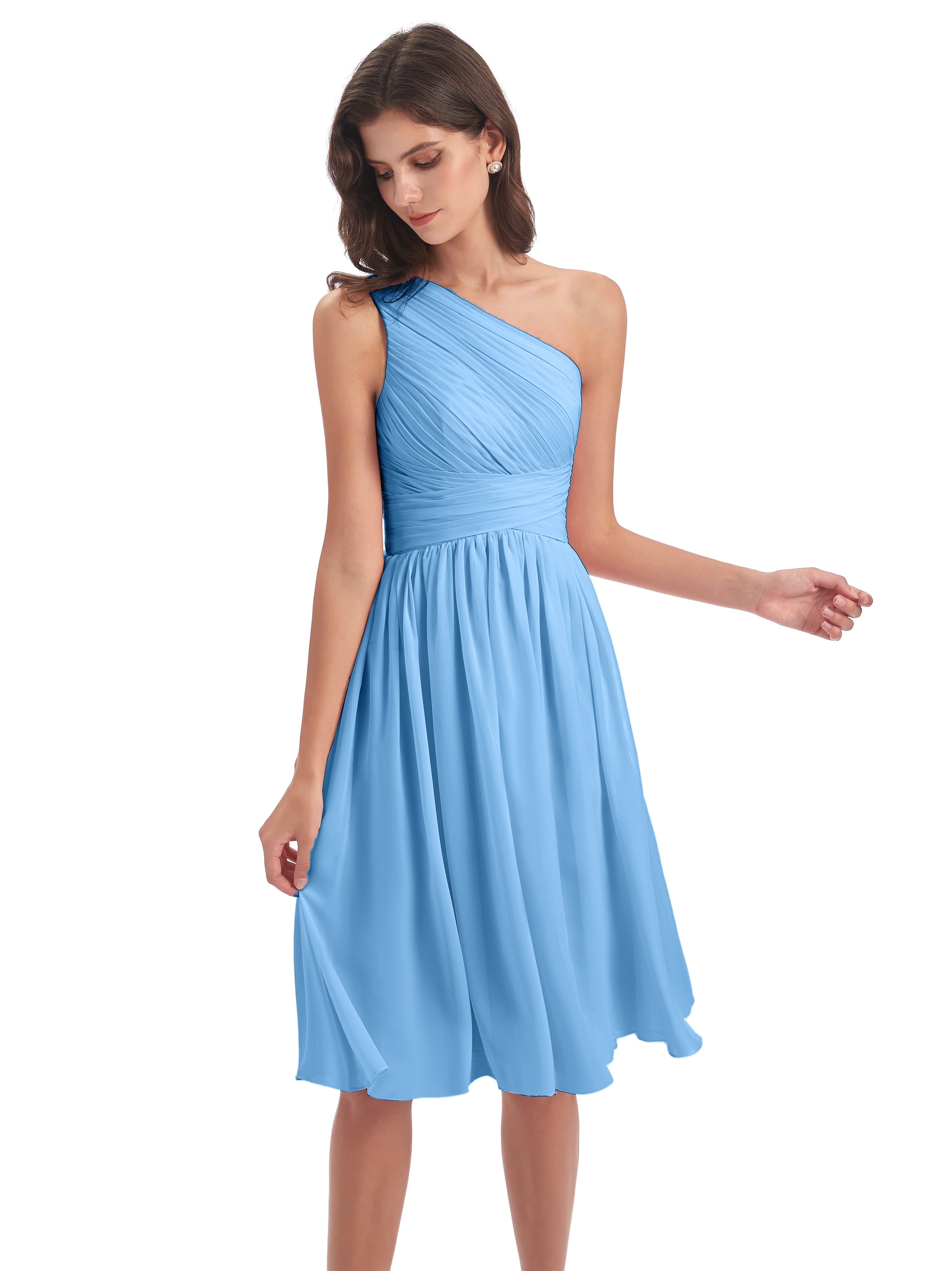 Robe Demoiselle D Honneur Courte Bleu Seule-Épaule Longueur Genou Mousseline Robes Demoiselle D'Honneur