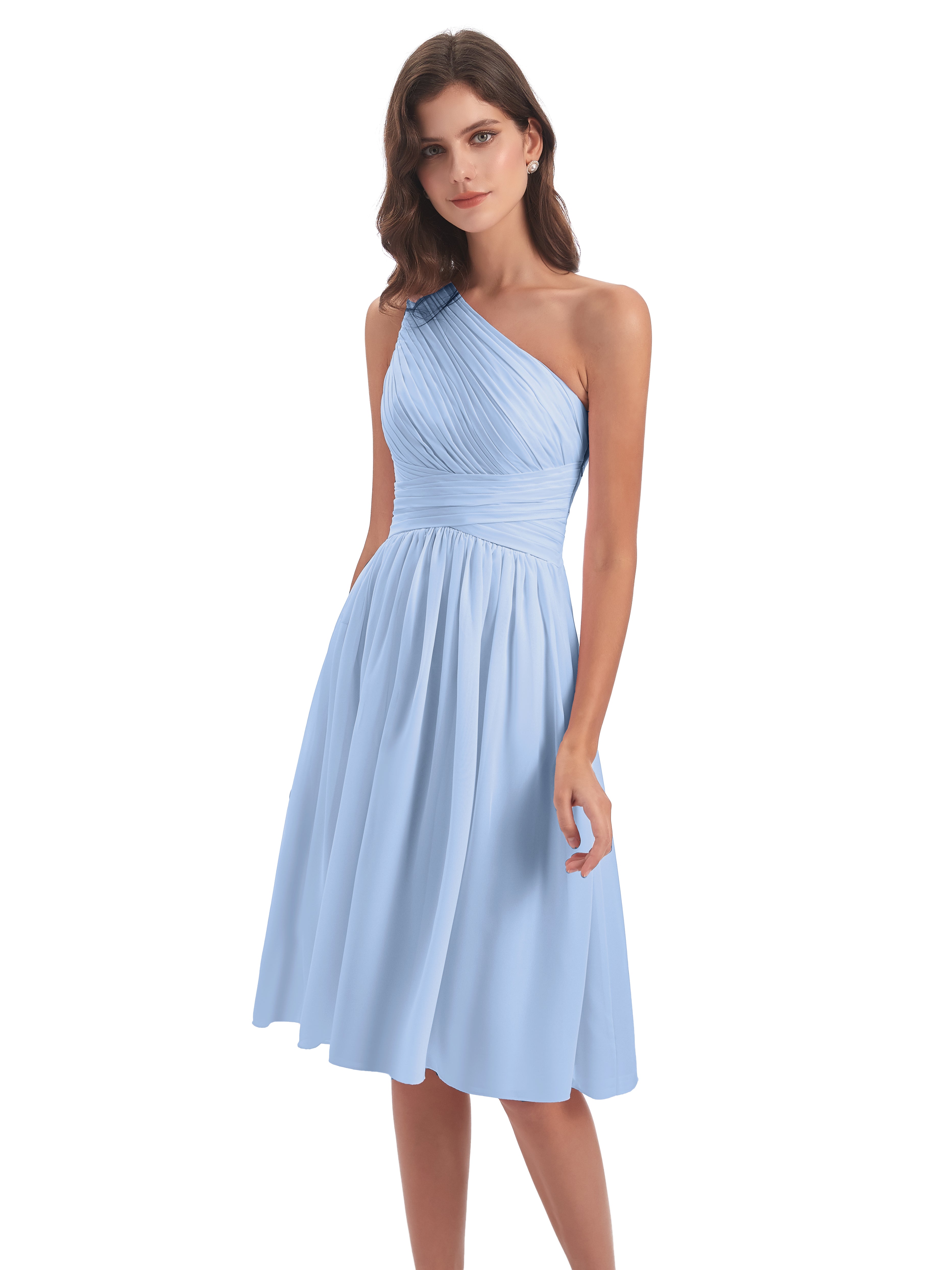 Demoiselle D Honneur Bleu Ciel Seule-Épaule Longueur Genou Mousseline Robes Demoiselle D'Honneur