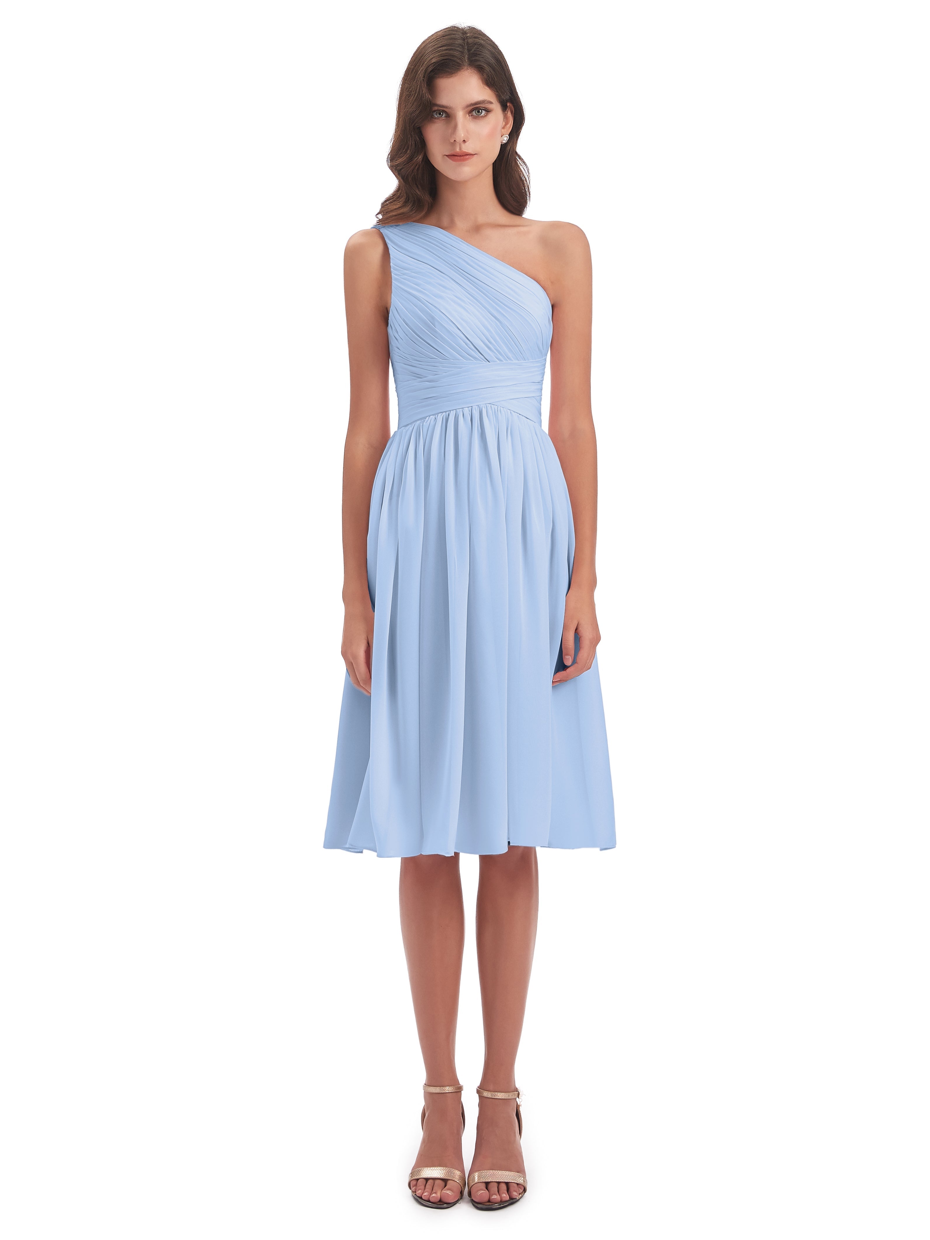 Demoiselle D Honneur Bleu Ciel Seule-Épaule Longueur Genou Mousseline Robes Demoiselle D'Honneur
