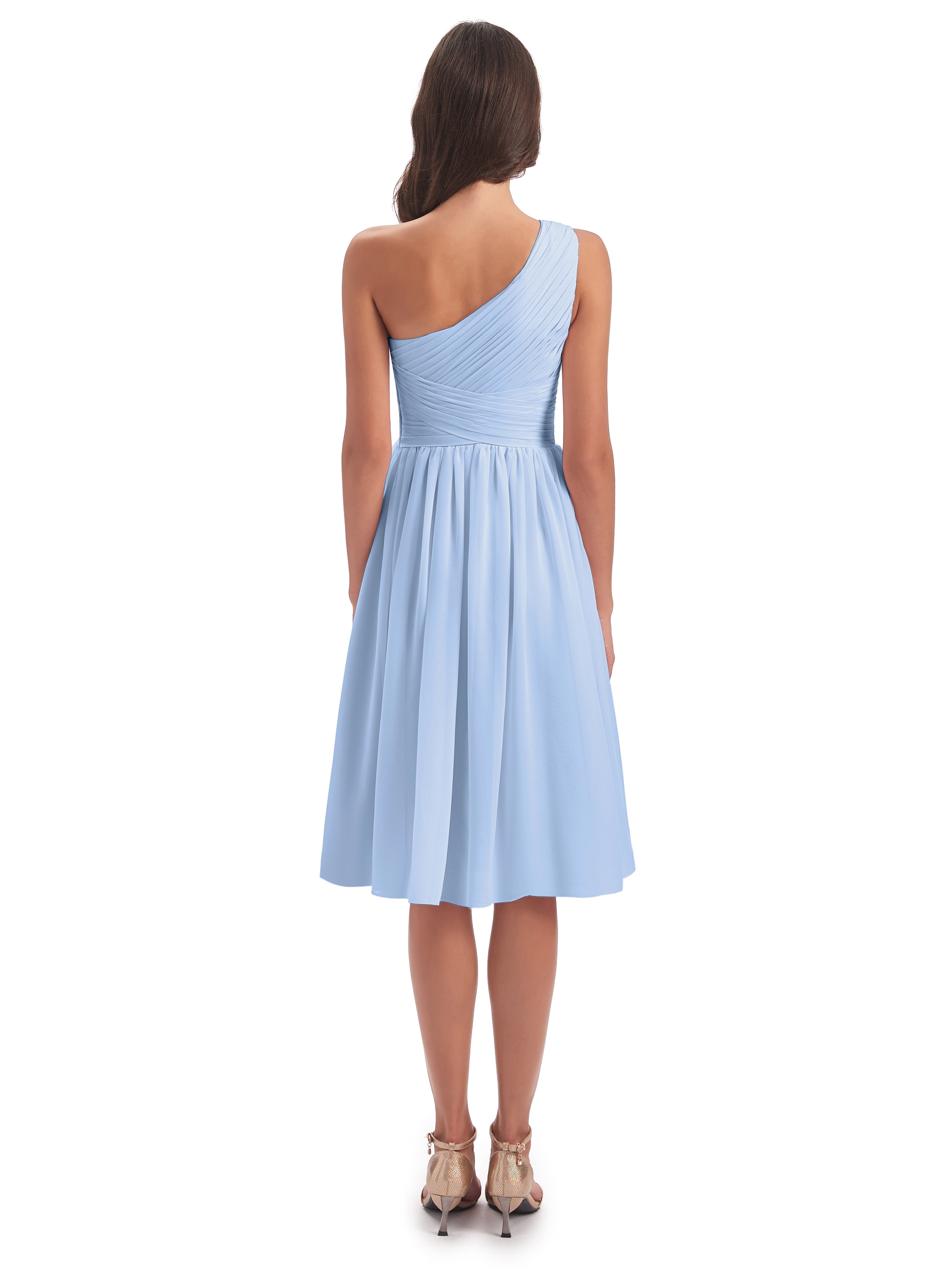 Demoiselle D Honneur Bleu Ciel Seule-Épaule Longueur Genou Mousseline Robes Demoiselle D'Honneur