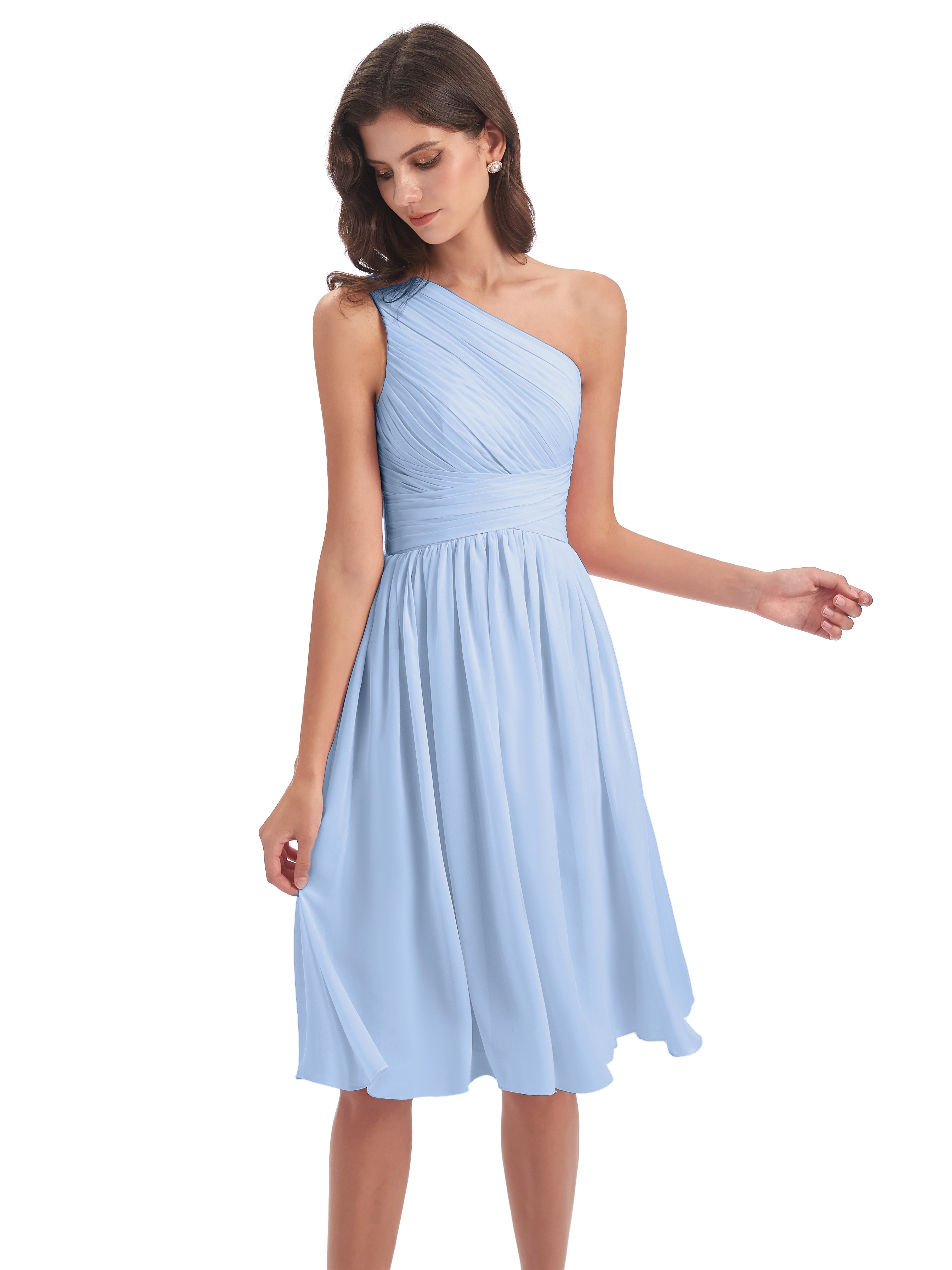 Demoiselle D Honneur Bleu Ciel Seule-Épaule Longueur Genou Mousseline Robes Demoiselle D'Honneur