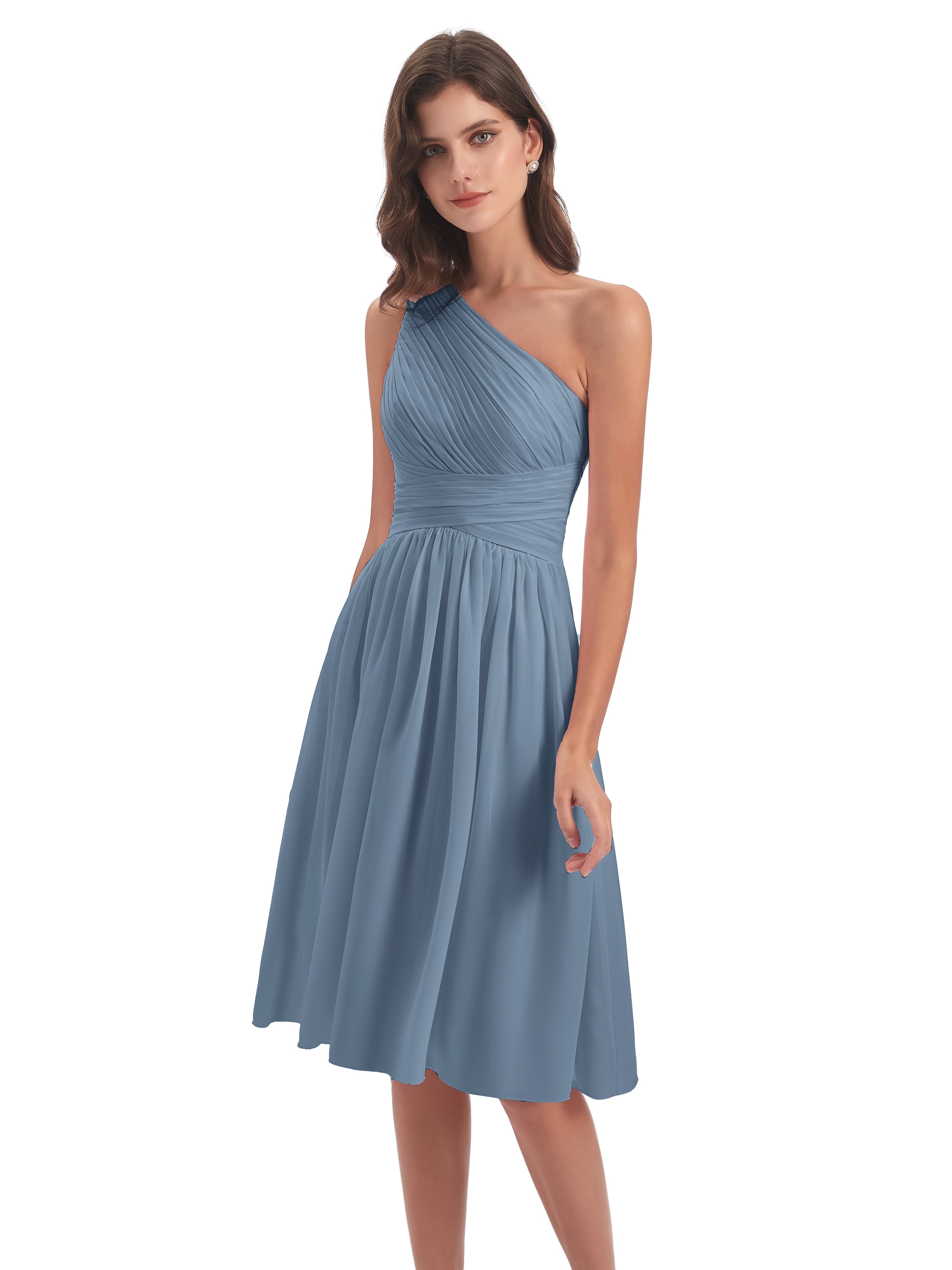Robes De Demoiselle D'Honneur Bleu De Schiste Seule-Épaule Longueur Genou Mousseline Robes Demoiselle D'Honneur