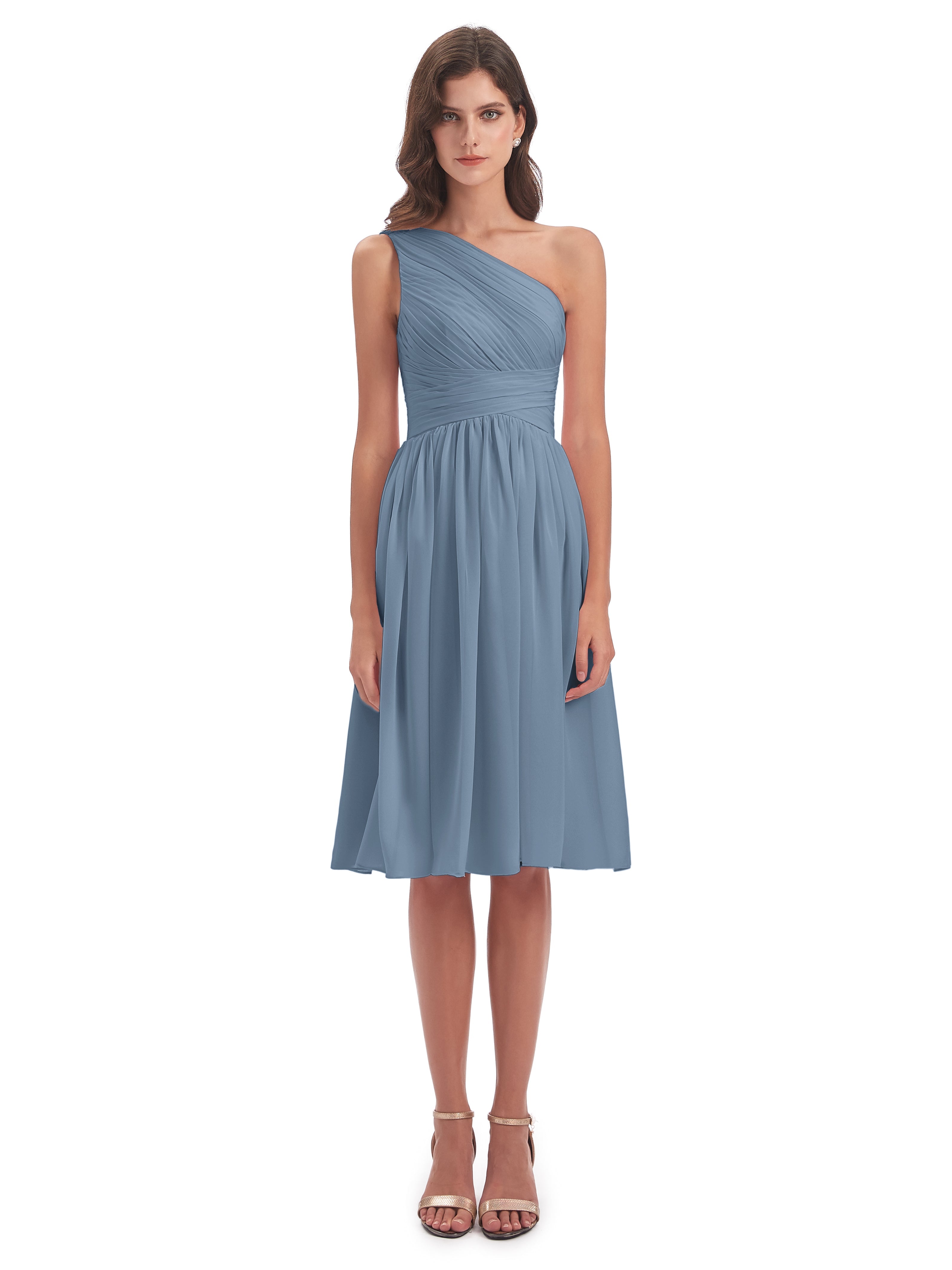 Robes De Demoiselle D'Honneur Bleu De Schiste Seule-Épaule Longueur Genou Mousseline Robes Demoiselle D'Honneur