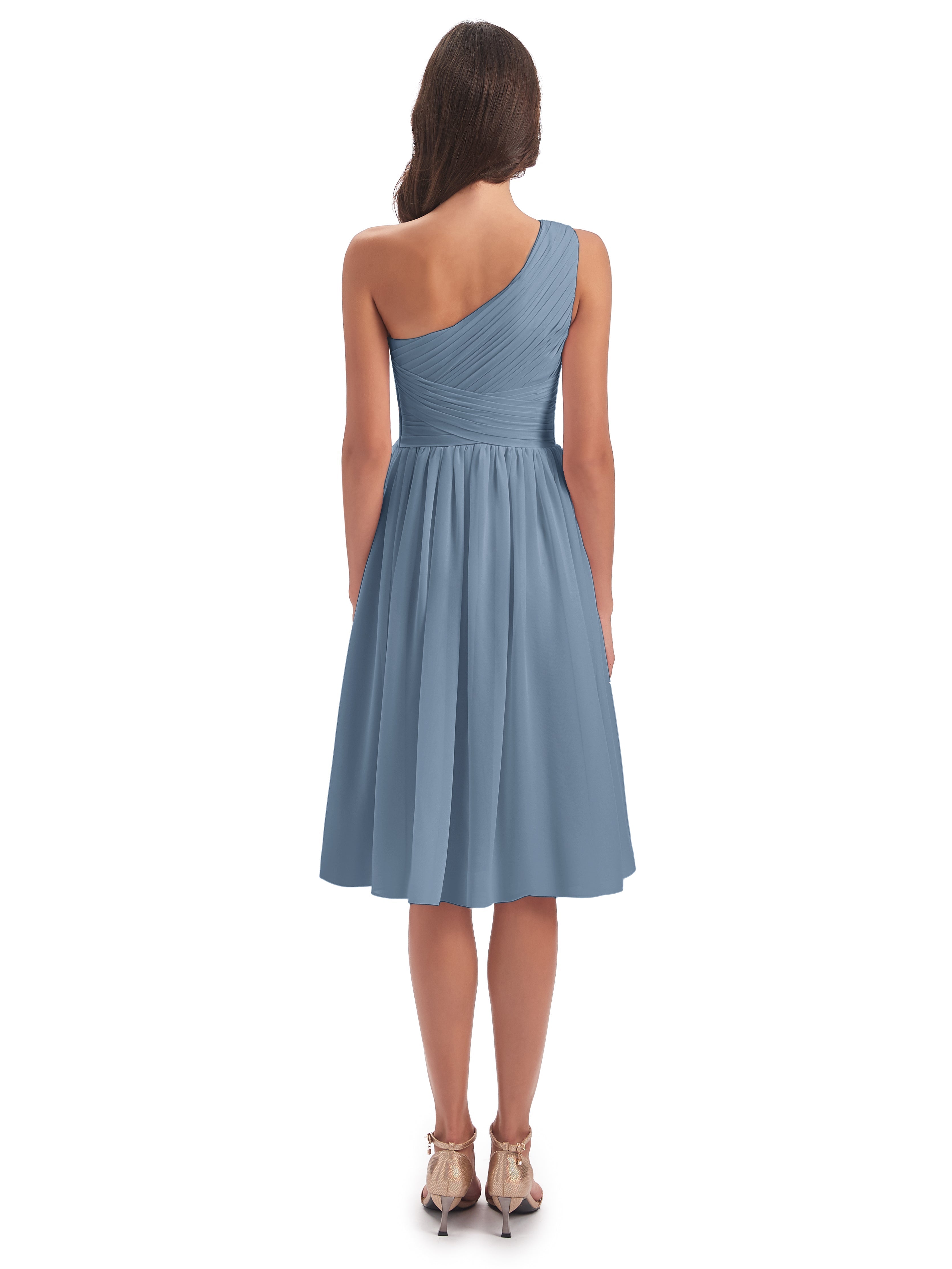 Robes De Demoiselle D'Honneur Bleu De Schiste Seule-Épaule Longueur Genou Mousseline Robes Demoiselle D'Honneur