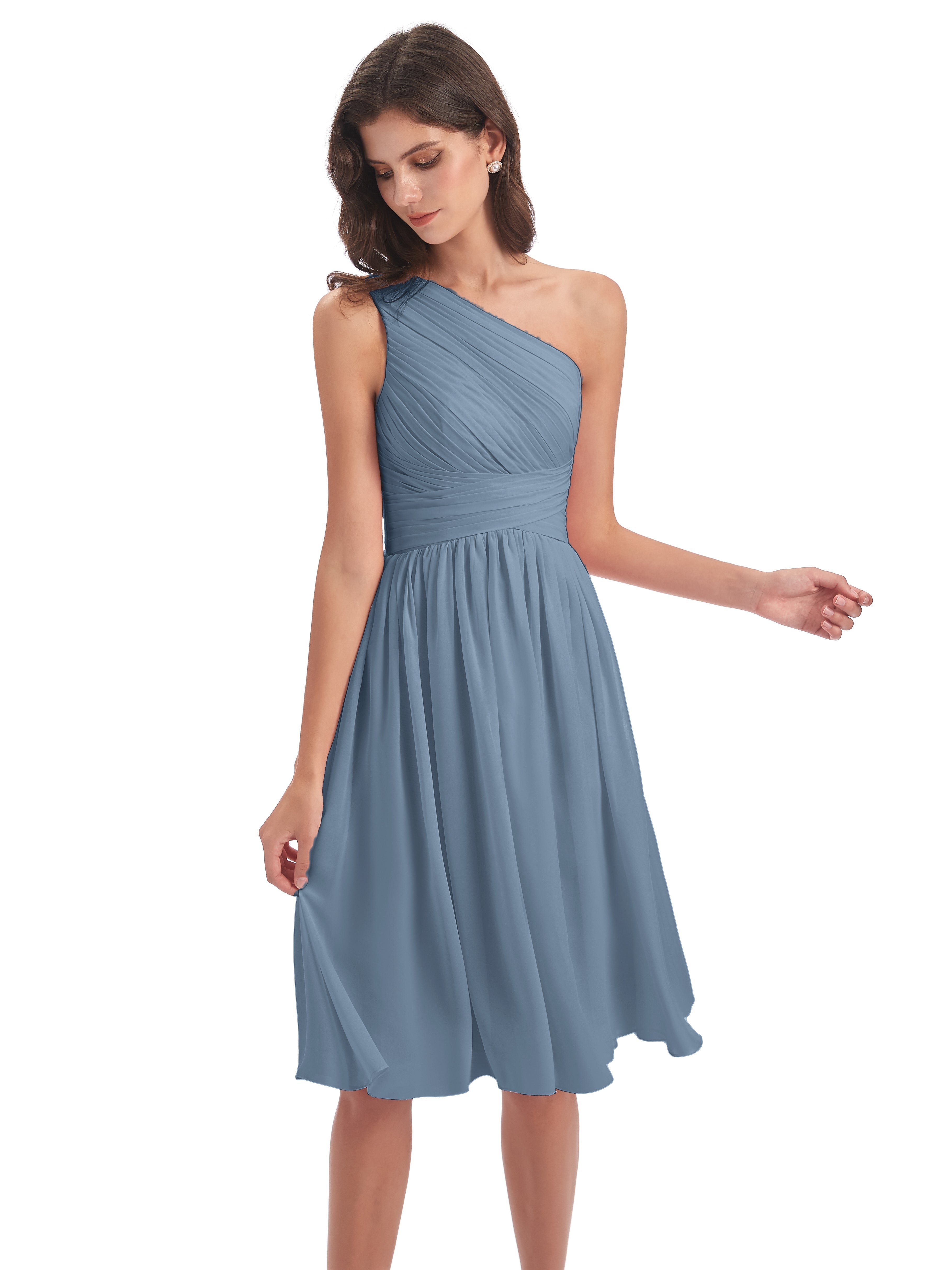Robes De Demoiselle D'Honneur Bleu De Schiste Seule-Épaule Longueur Genou Mousseline Robes Demoiselle D'Honneur