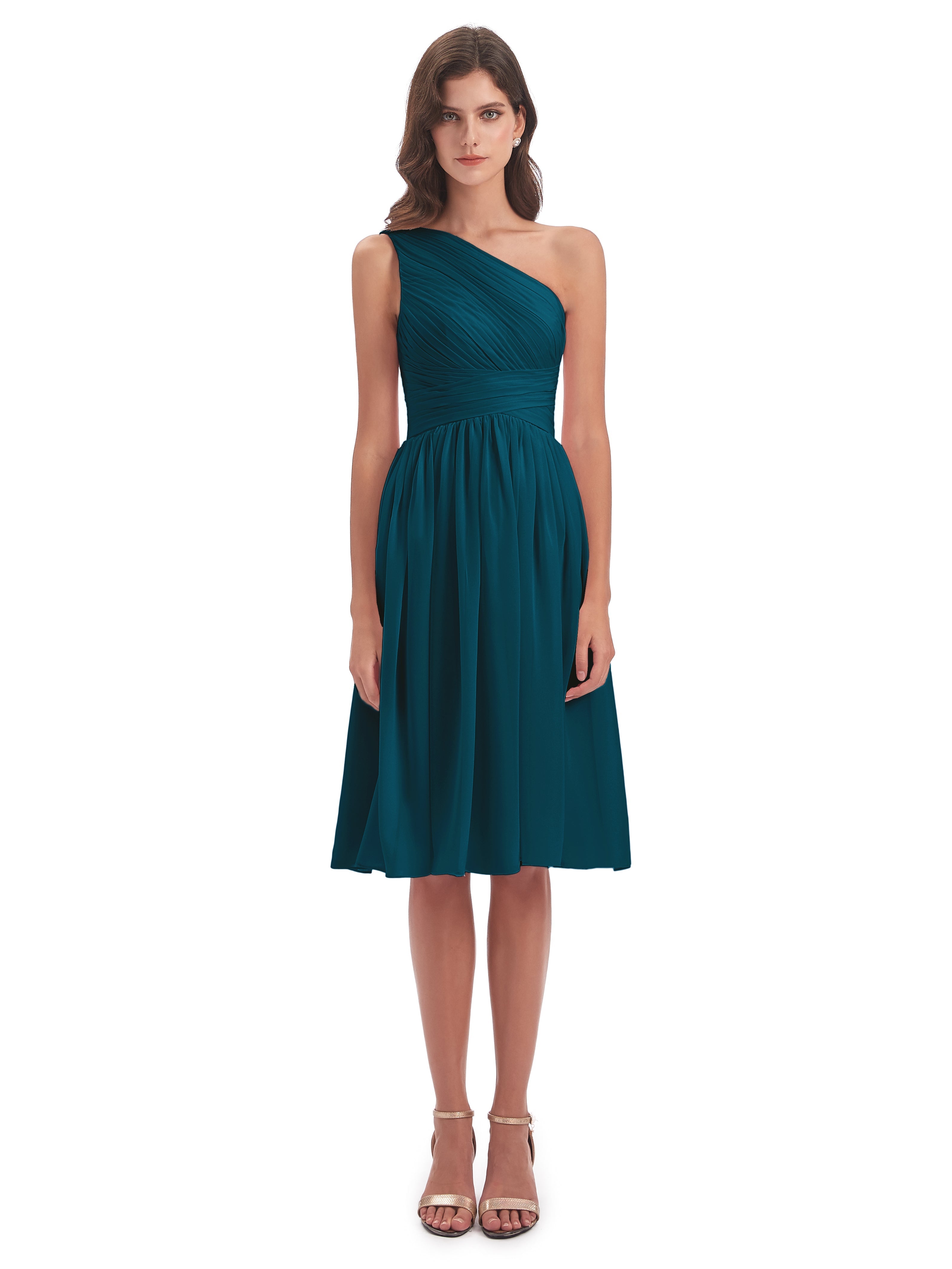Robe De Demoiselle D'Honneur Bleu Encre Seule-Épaule Longueur Genou Mousseline Robes Demoiselle D'Honneur