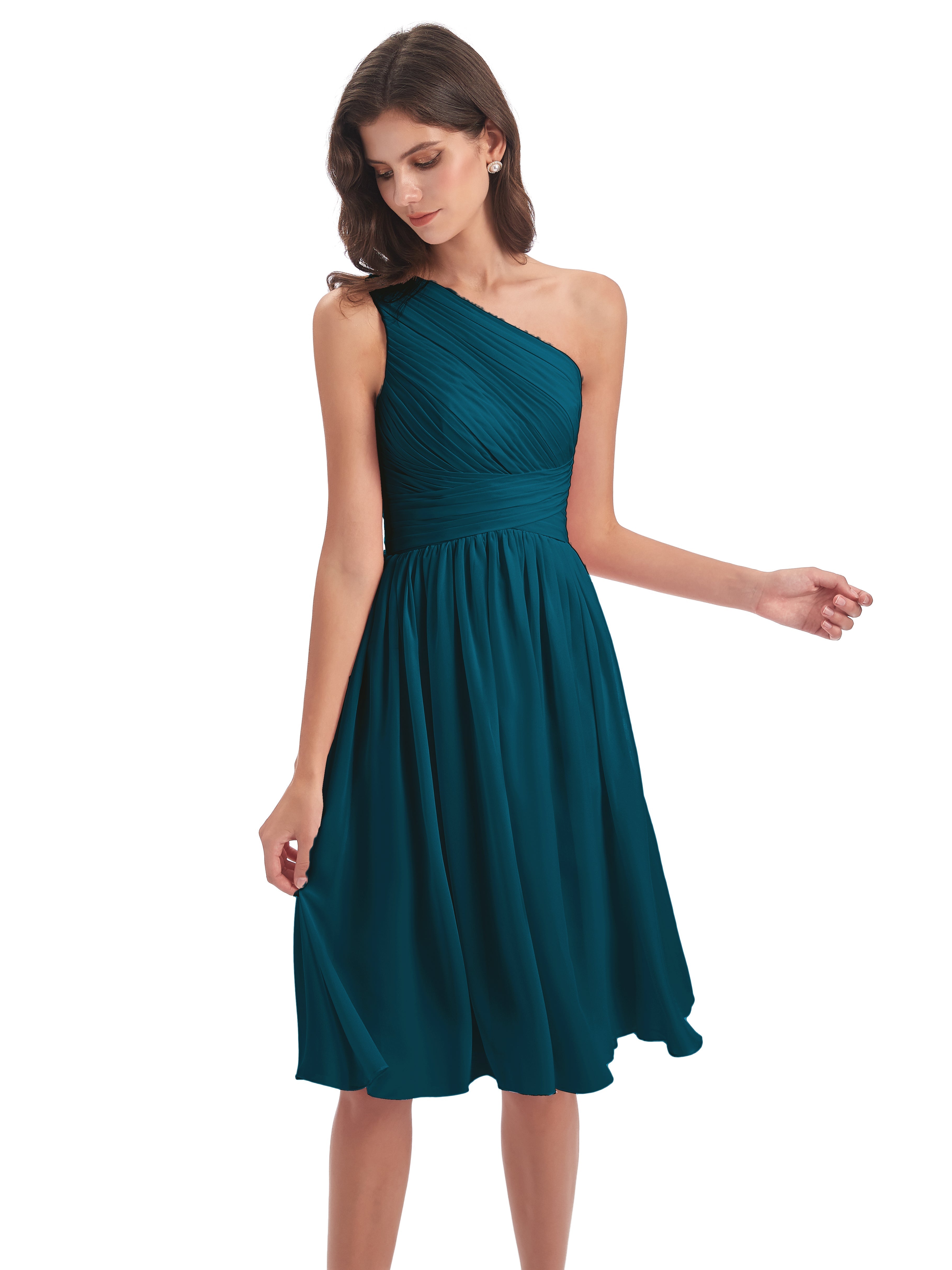 Robe De Demoiselle D'Honneur Bleu Encre Seule-Épaule Longueur Genou Mousseline Robes Demoiselle D'Honneur