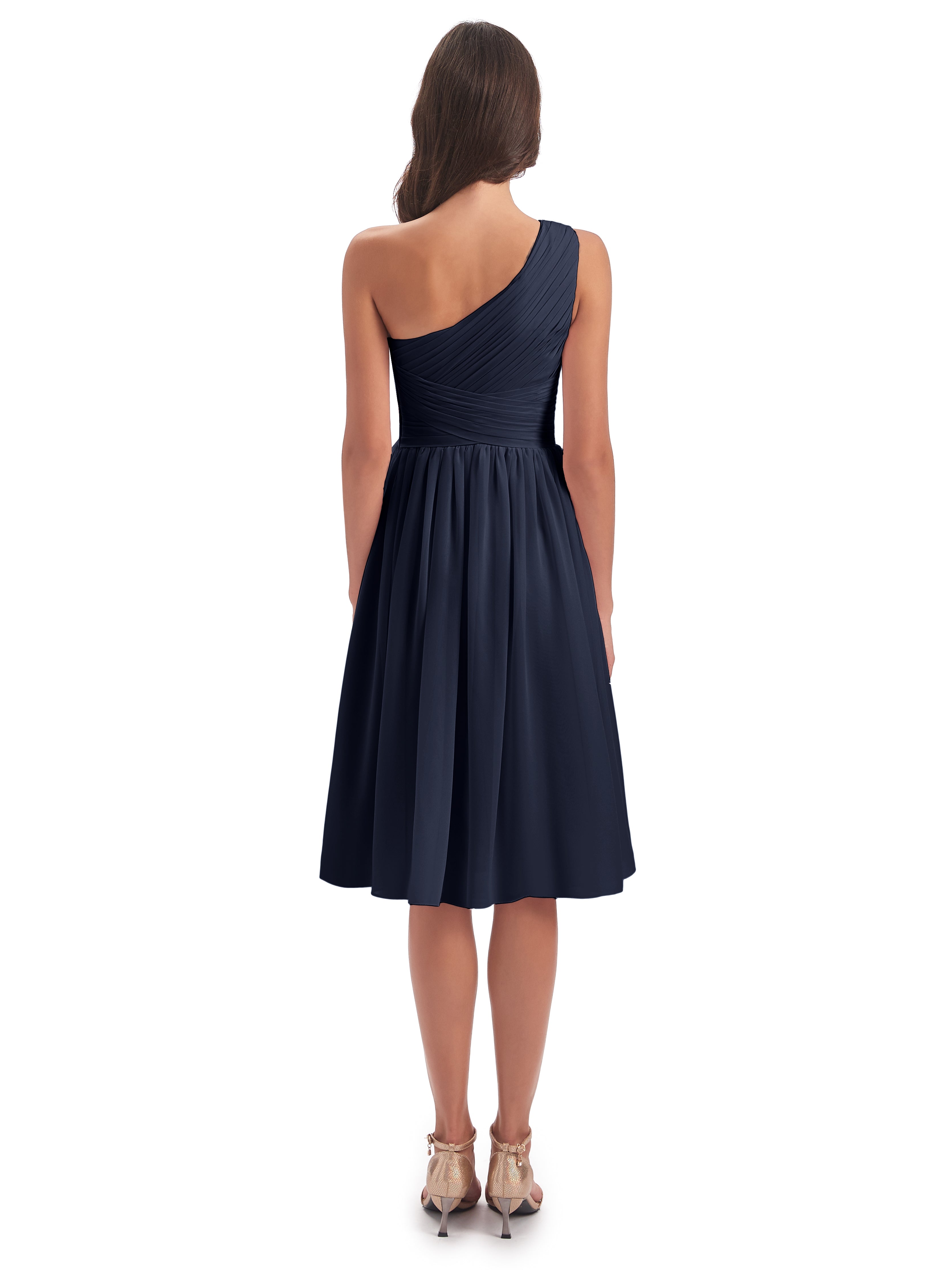 Robe Bleu Marine Demoiselle D Honneur Seule-Épaule Longueur Genou Mousseline Robes Demoiselle D'Honneur