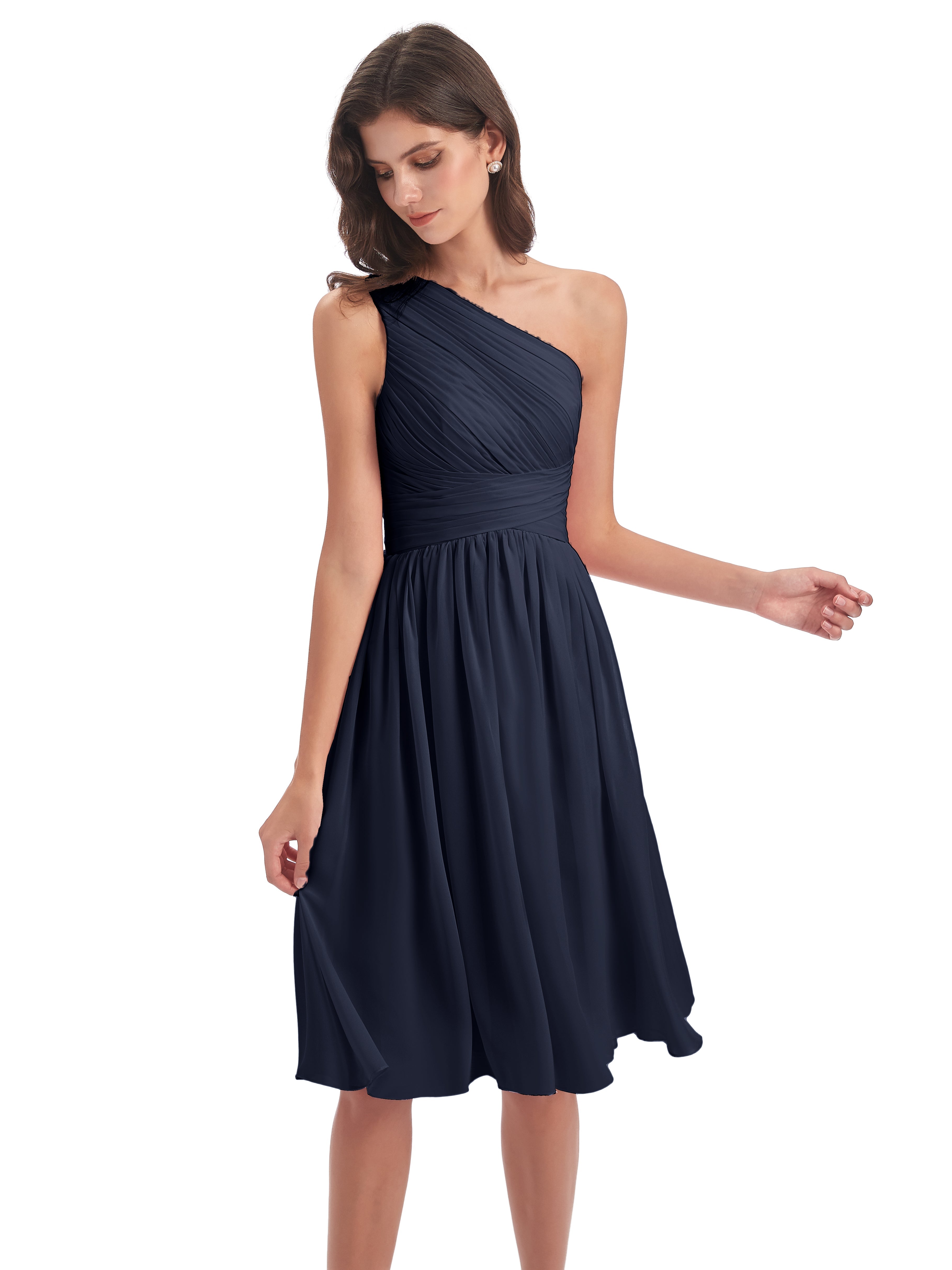 Robe Bleu Marine Demoiselle D Honneur Seule-Épaule Longueur Genou Mousseline Robes Demoiselle D'Honneur