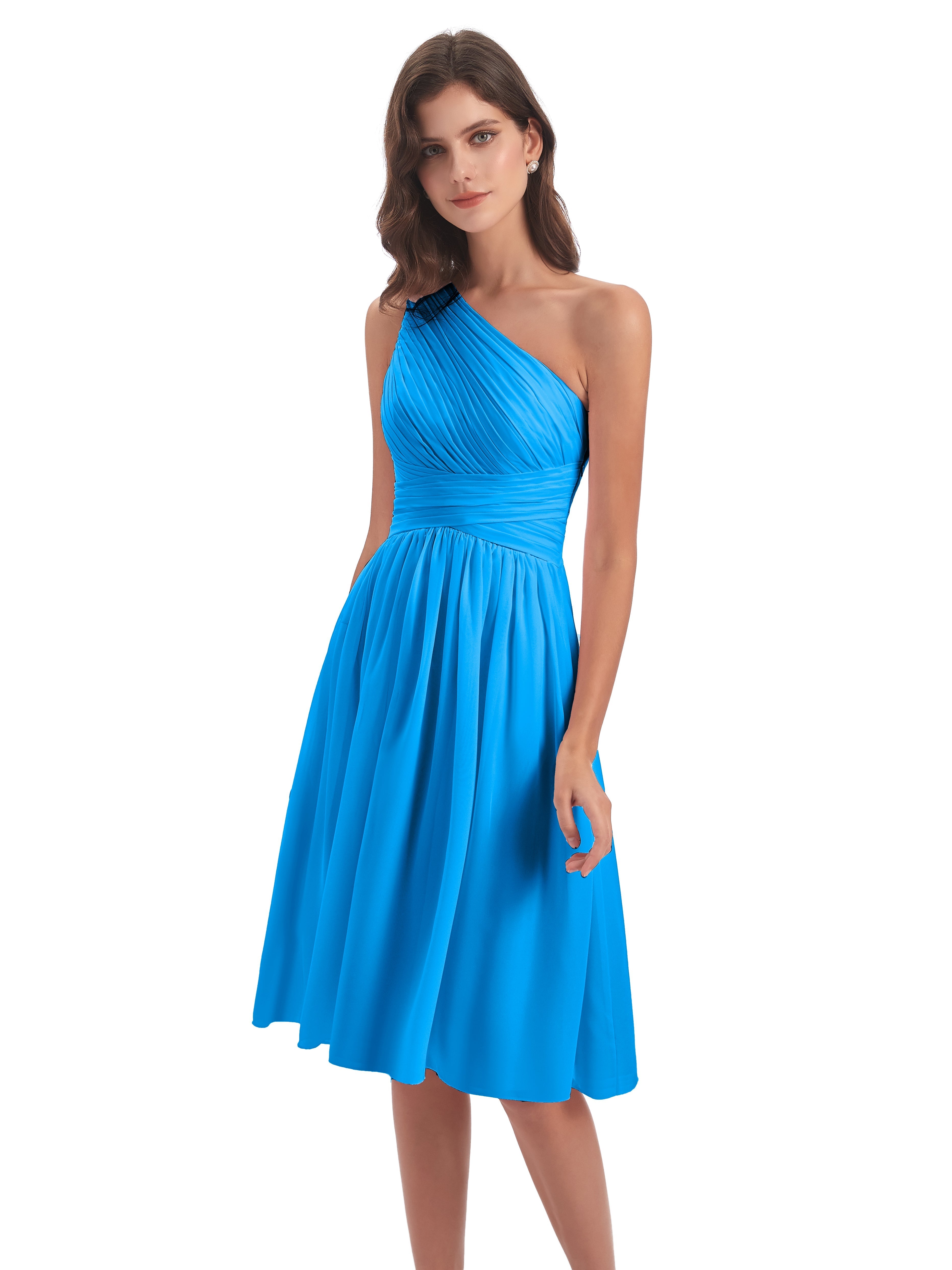 Robes De Demoiselle D'Honneur Bleu Océan Seule-Épaule Longueur Genou Mousseline Robes Demoiselle D'Honneur