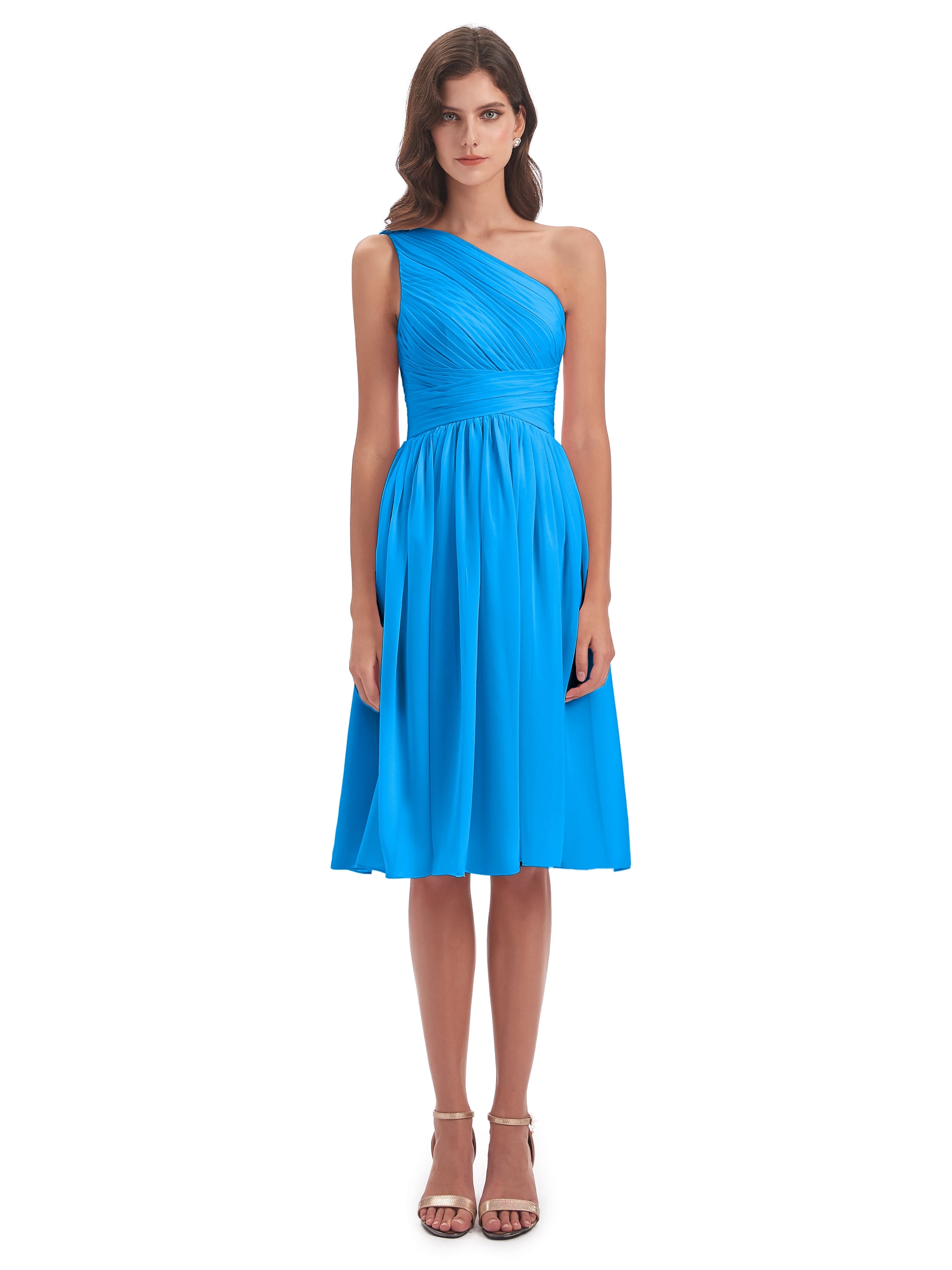 Robes De Demoiselle D'Honneur Bleu Océan Seule-Épaule Longueur Genou Mousseline Robes Demoiselle D'Honneur