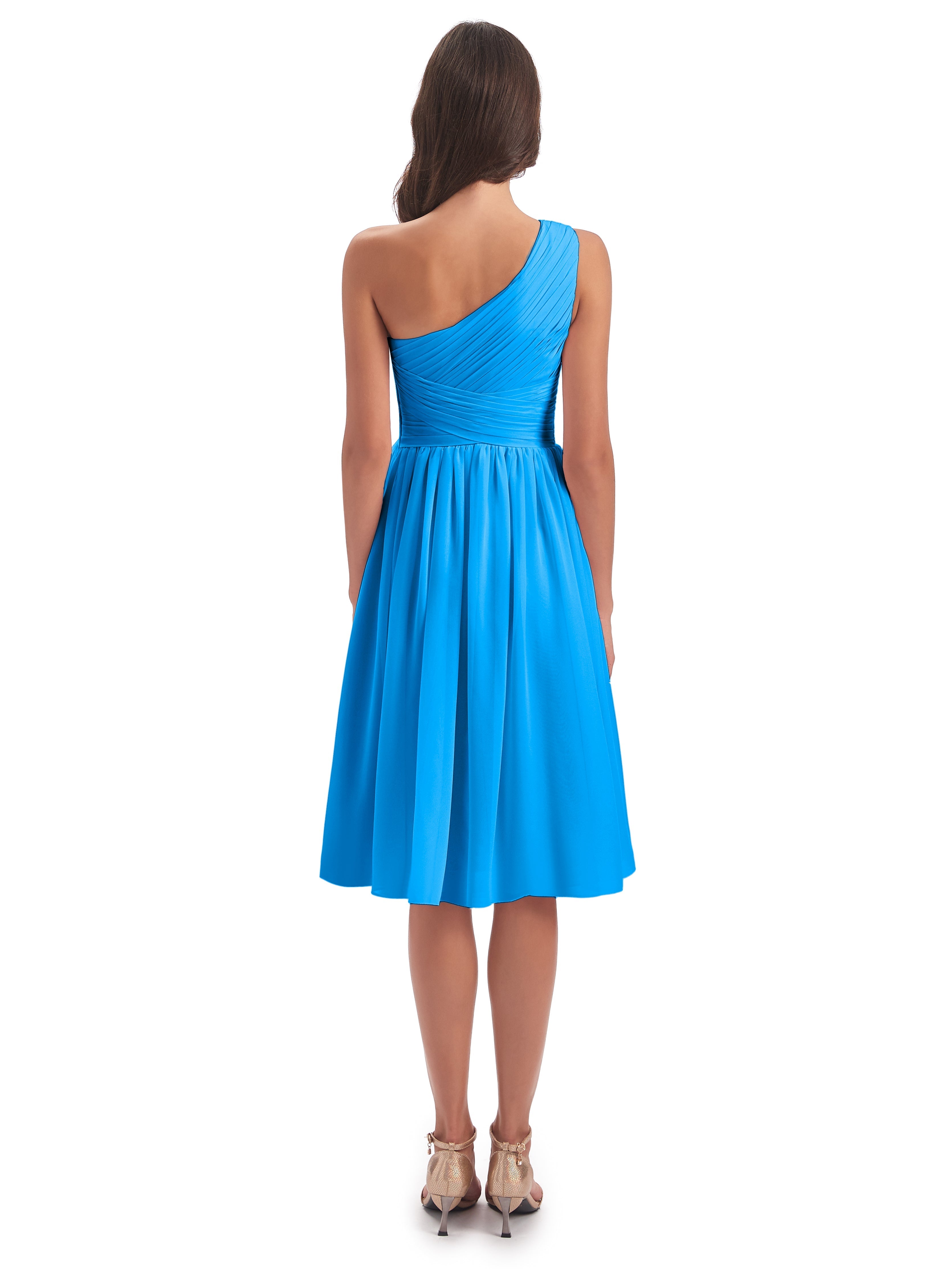 Robes De Demoiselle D'Honneur Bleu Océan Seule-Épaule Longueur Genou Mousseline Robes Demoiselle D'Honneur