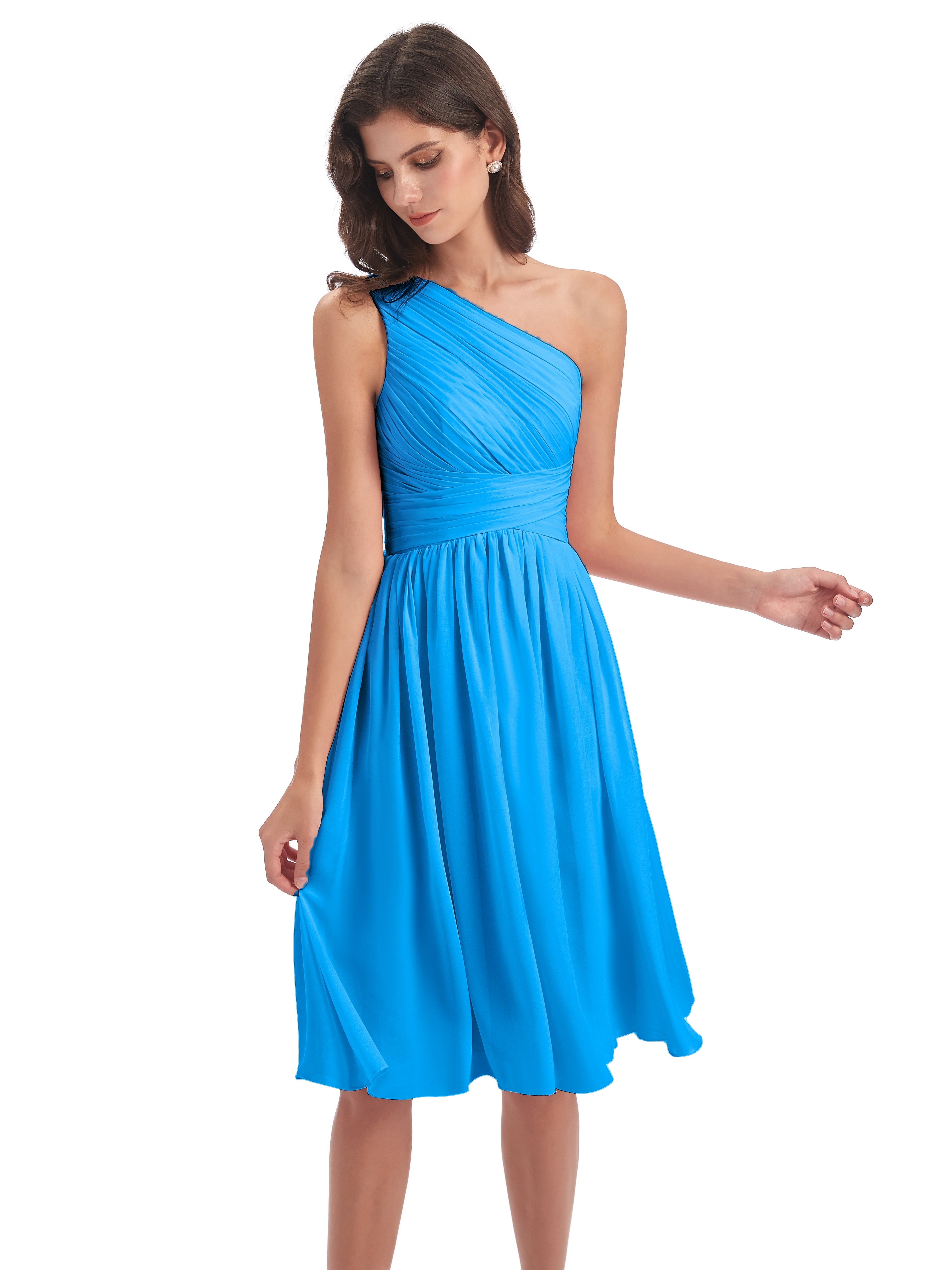 Robes De Demoiselle D'Honneur Bleu Océan Seule-Épaule Longueur Genou Mousseline Robes Demoiselle D'Honneur