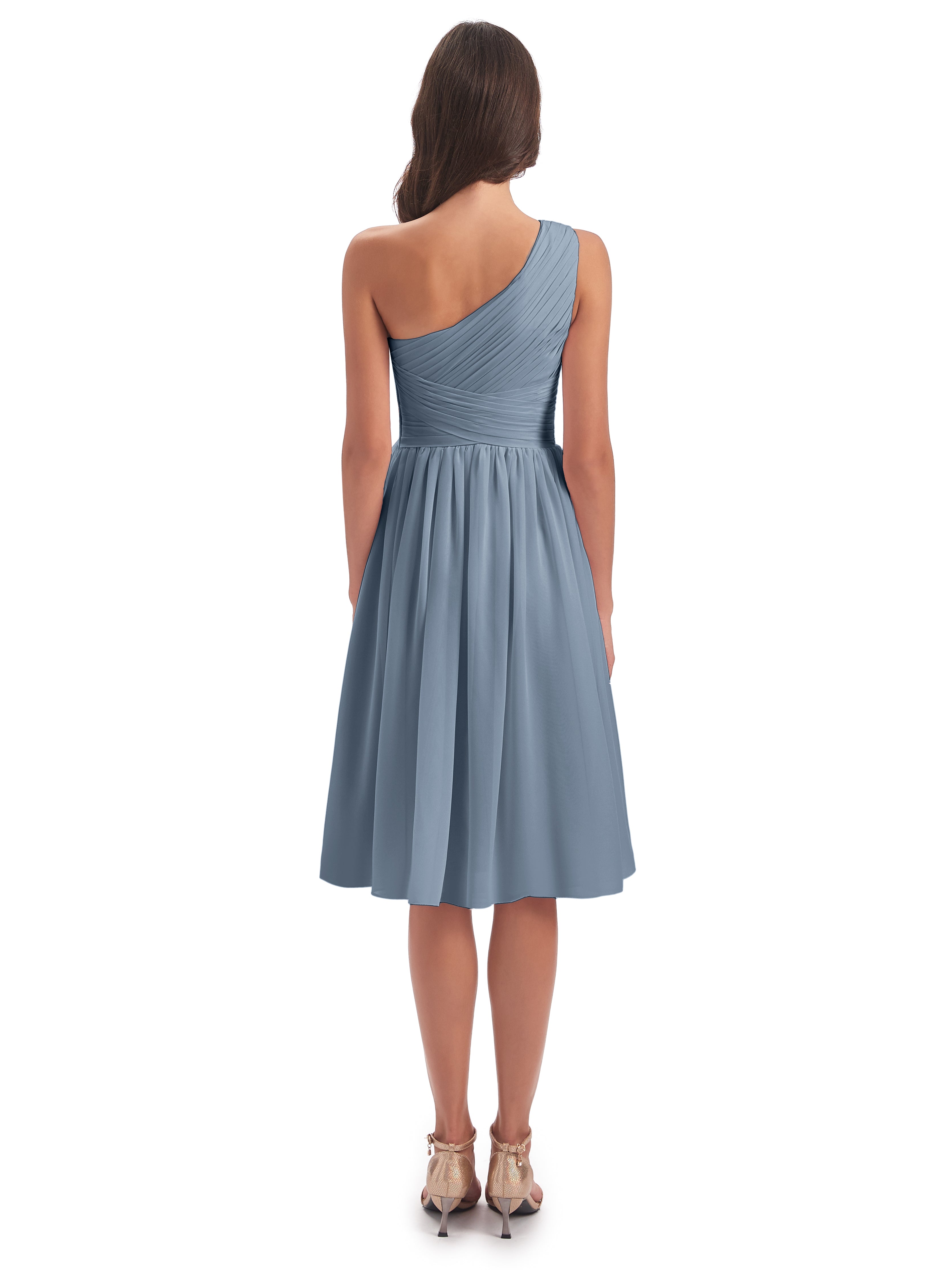 Robe Demoiselle D Honneur Bleu Poussiereux Seule-Épaule Longueur Genou Mousseline Robes Demoiselle D'Honneur