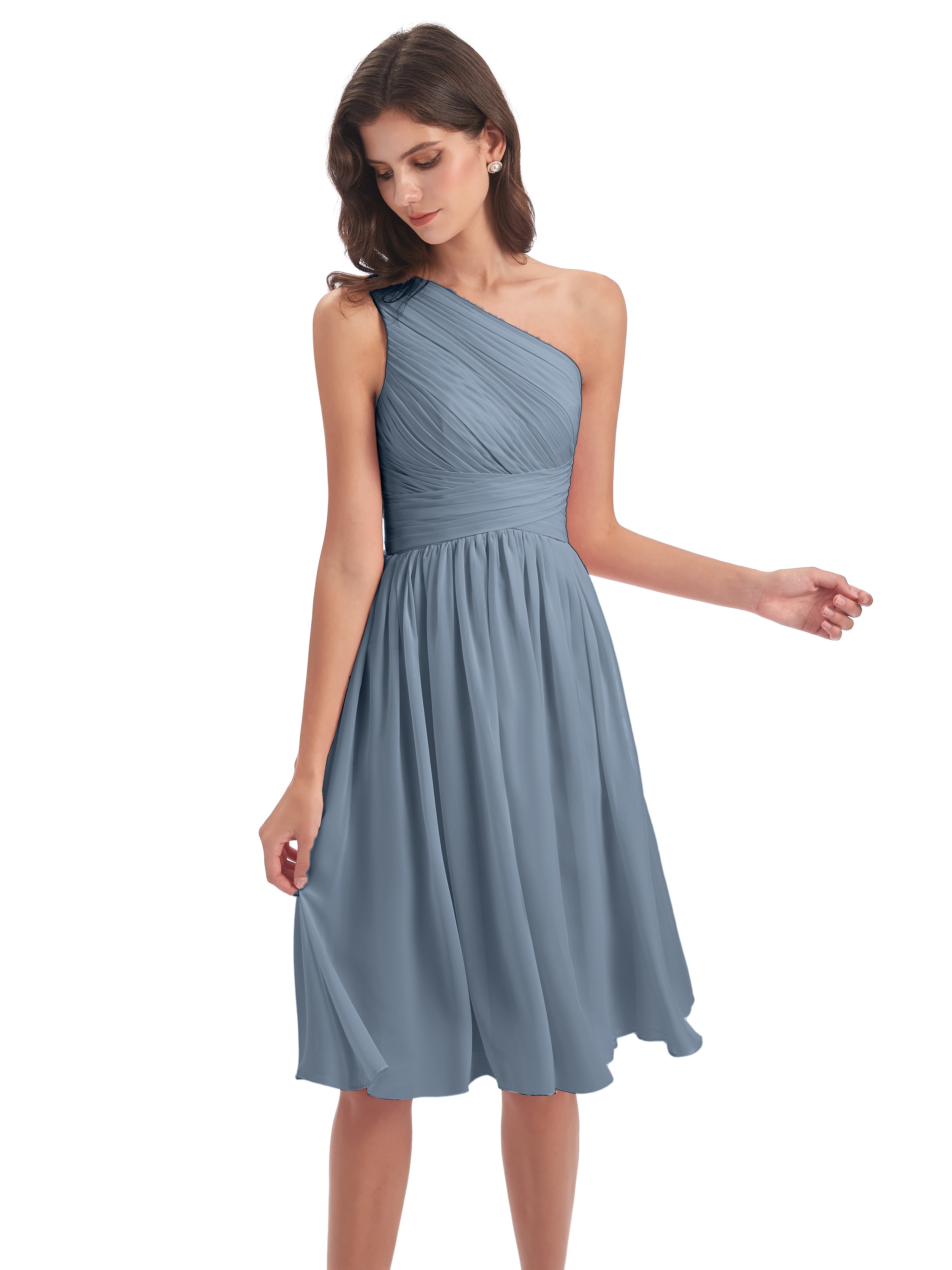 Robe Demoiselle D Honneur Bleu Poussiereux Seule-Épaule Longueur Genou Mousseline Robes Demoiselle D'Honneur