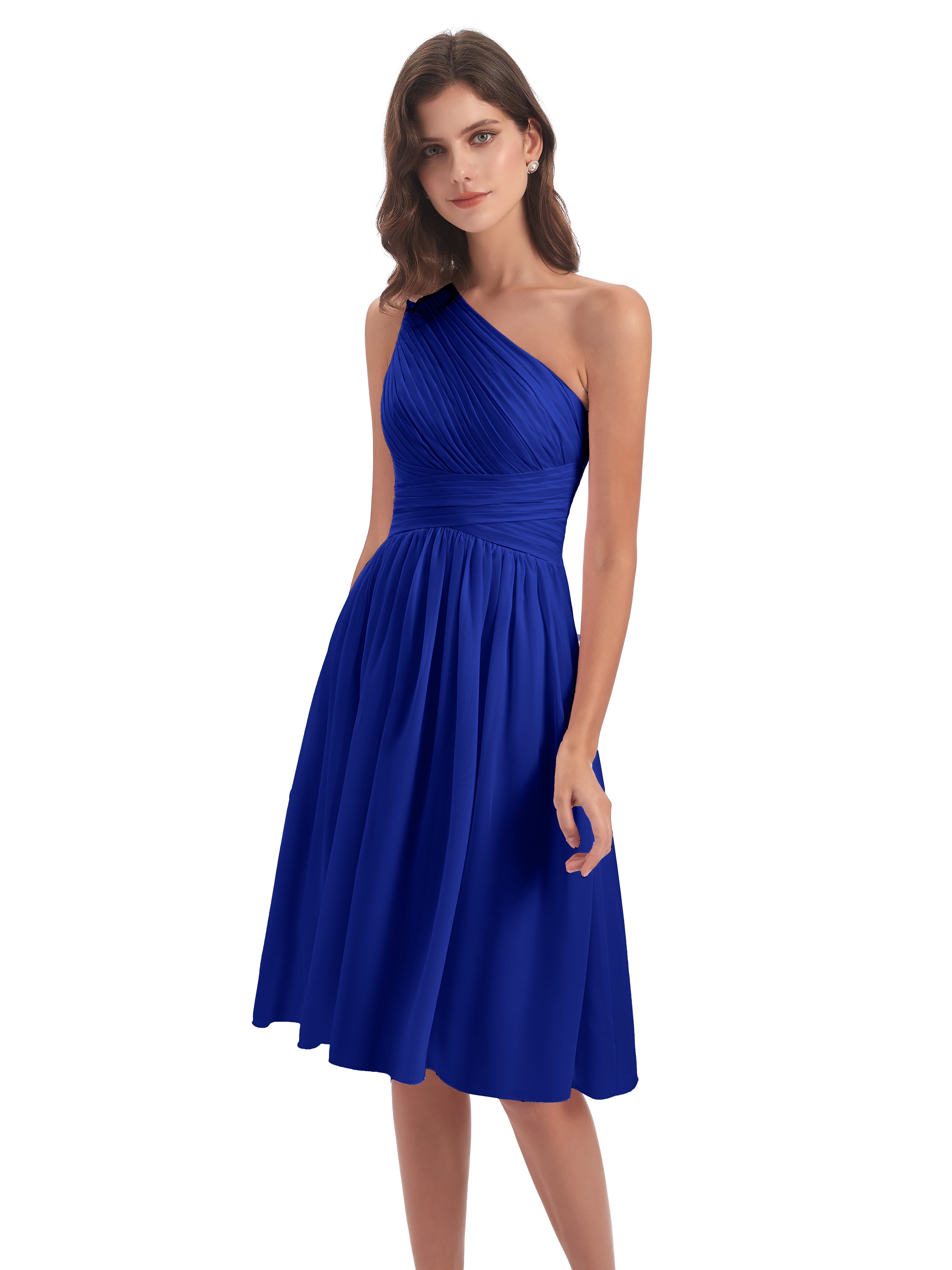 Court Robe Bleu Roi Demoiselle D Honneur Seule-Épaule Longueur Genou Mousseline Robes Demoiselle D'Honneur
