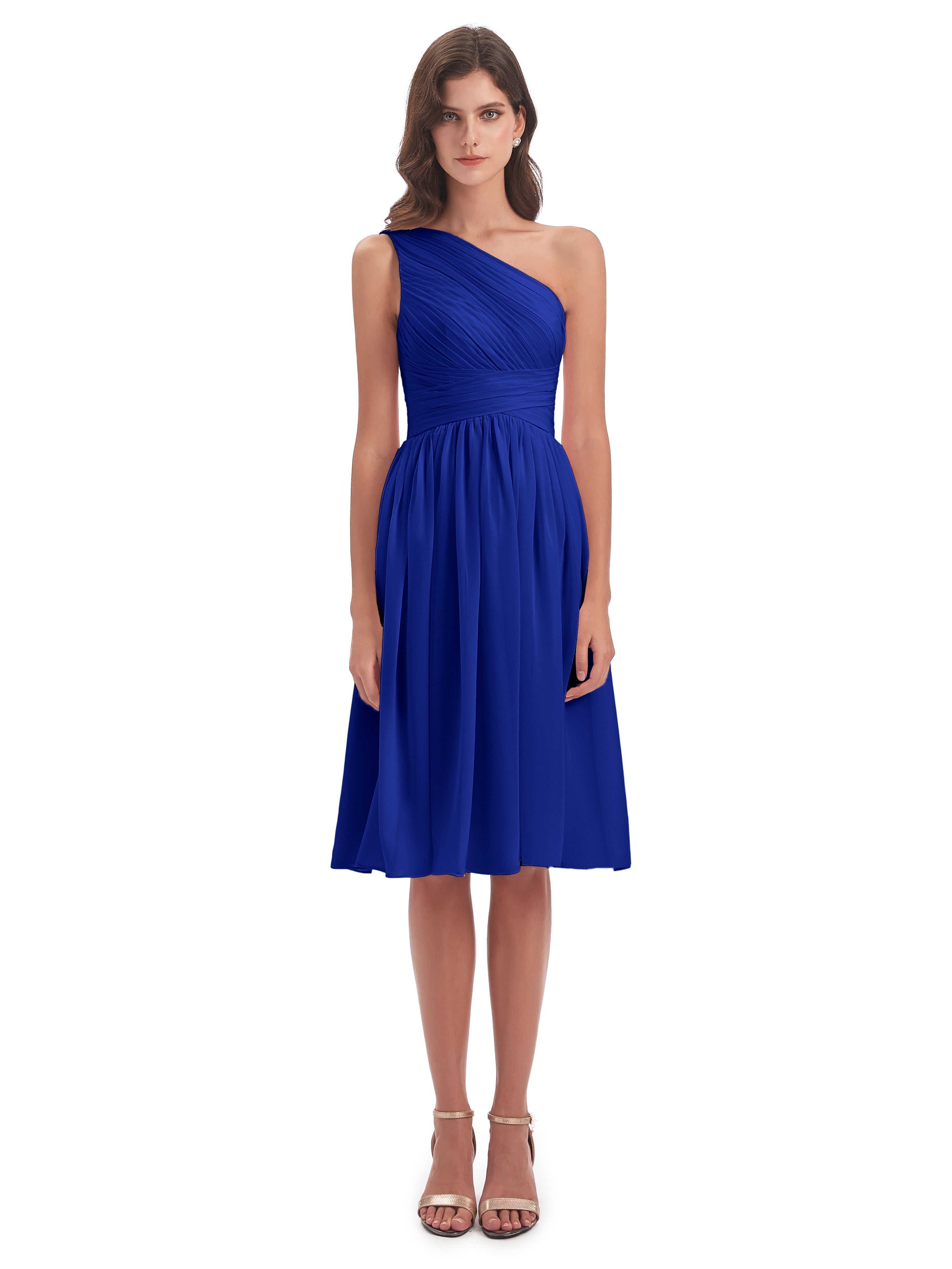 Court Robe Bleu Roi Demoiselle D Honneur Seule-Épaule Longueur Genou Mousseline Robes Demoiselle D'Honneur