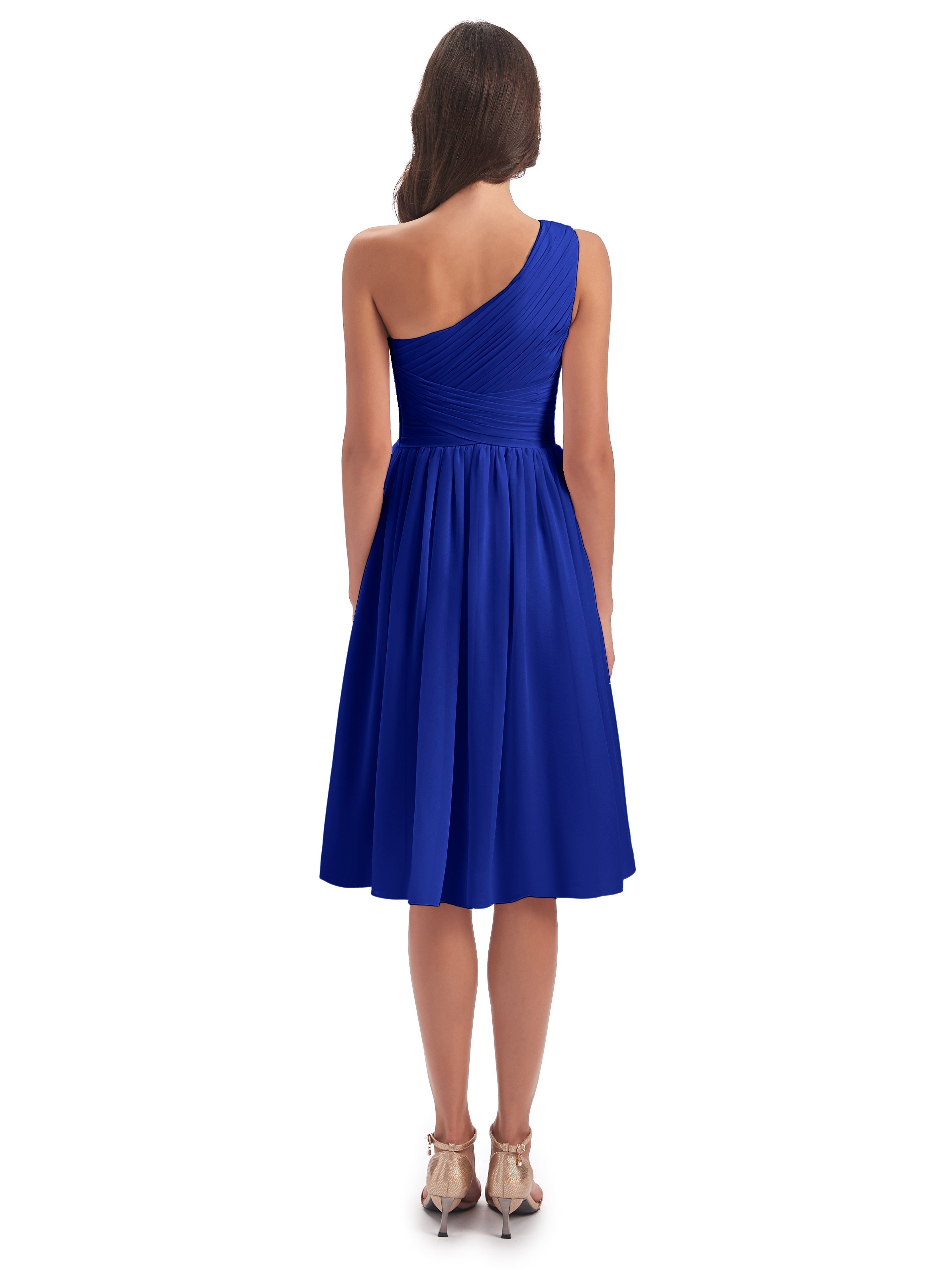 Court Robe Bleu Roi Demoiselle D Honneur Seule-Épaule Longueur Genou Mousseline Robes Demoiselle D'Honneur
