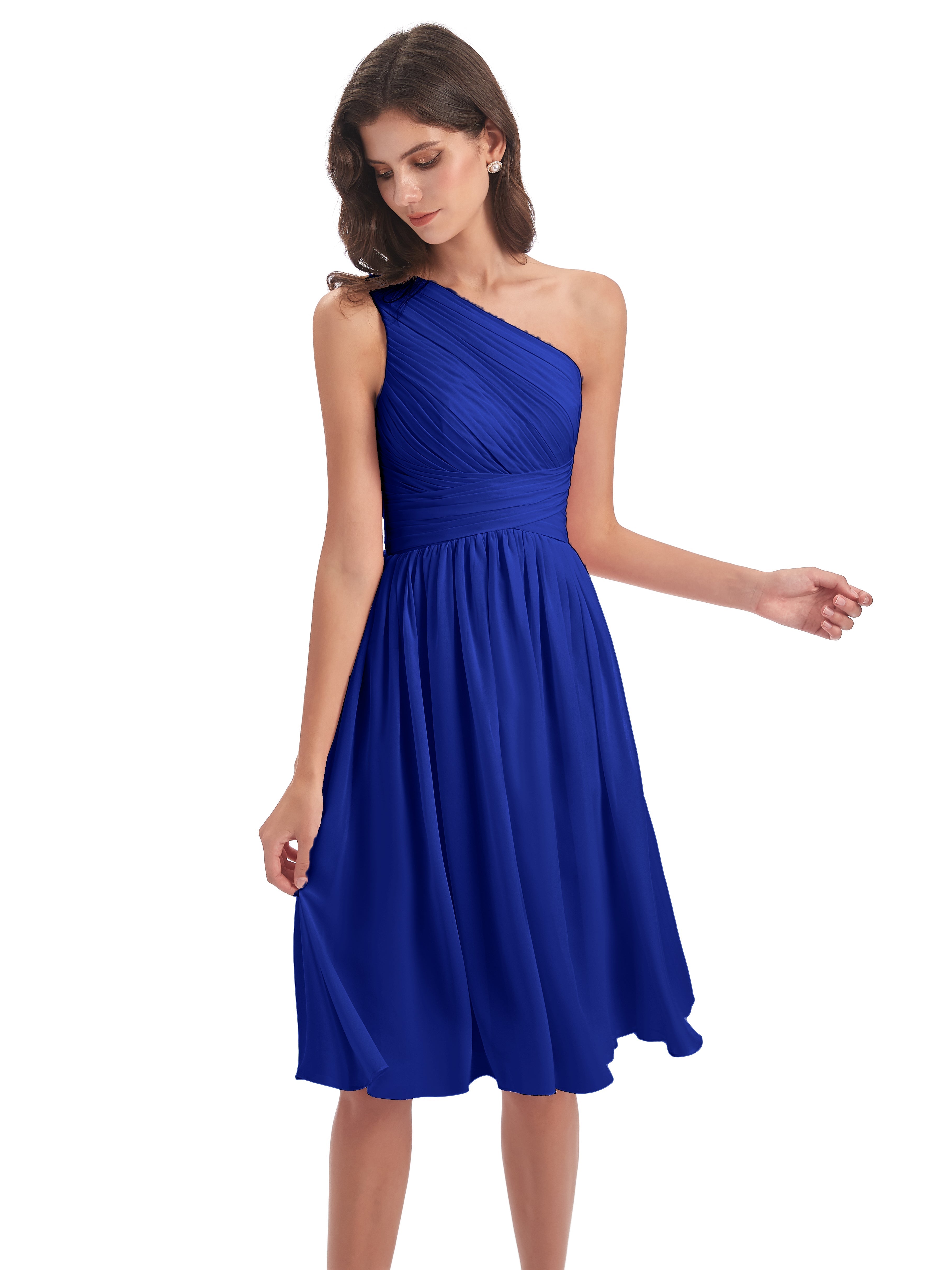 Court Robe Bleu Roi Demoiselle D Honneur Seule-Épaule Longueur Genou Mousseline Robes Demoiselle D'Honneur