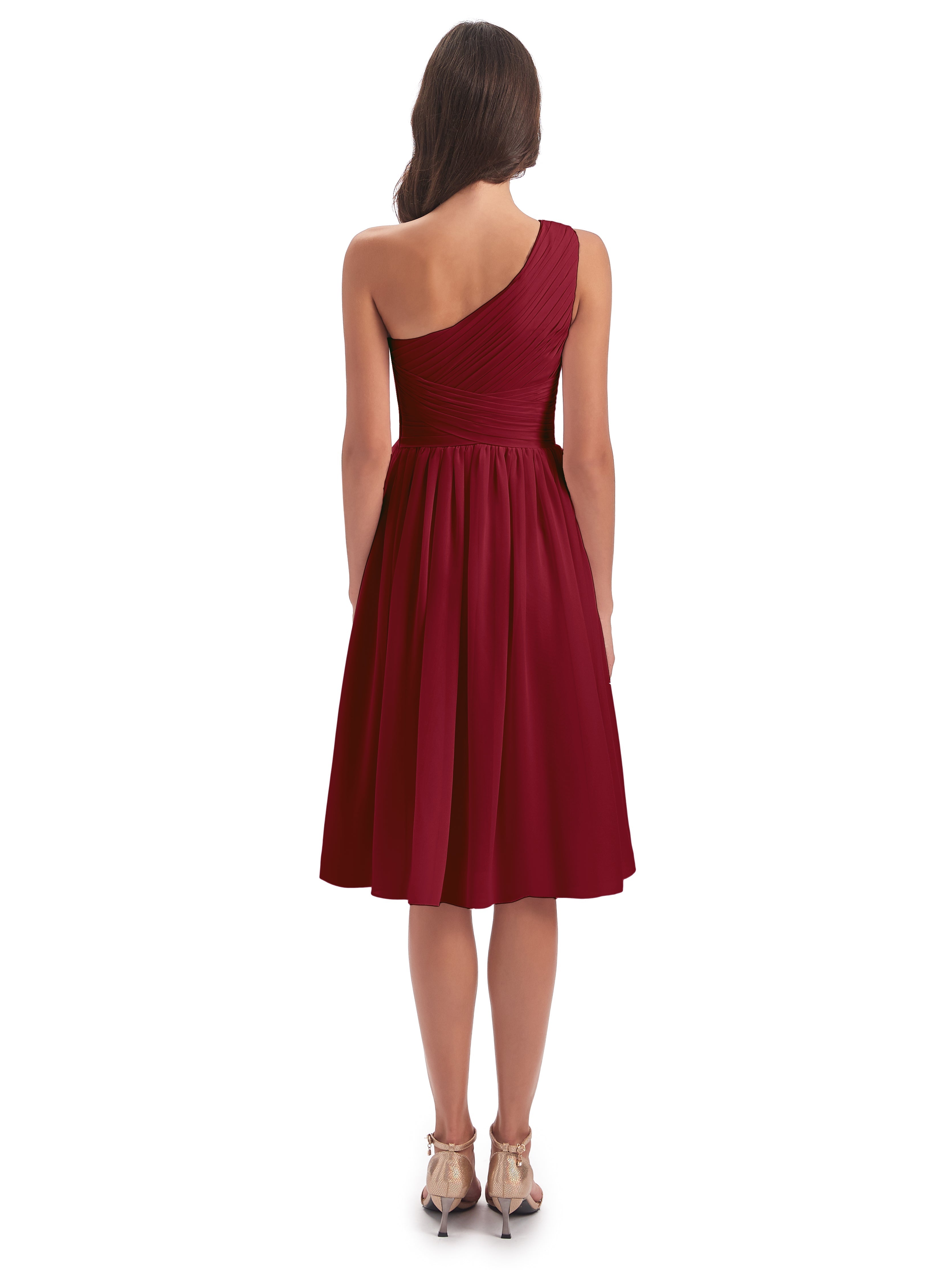 Robe De Demoiselle D Honneur Bordeaux Seule-Épaule Longueur Genou Mousseline Robes Demoiselle D'Honneur