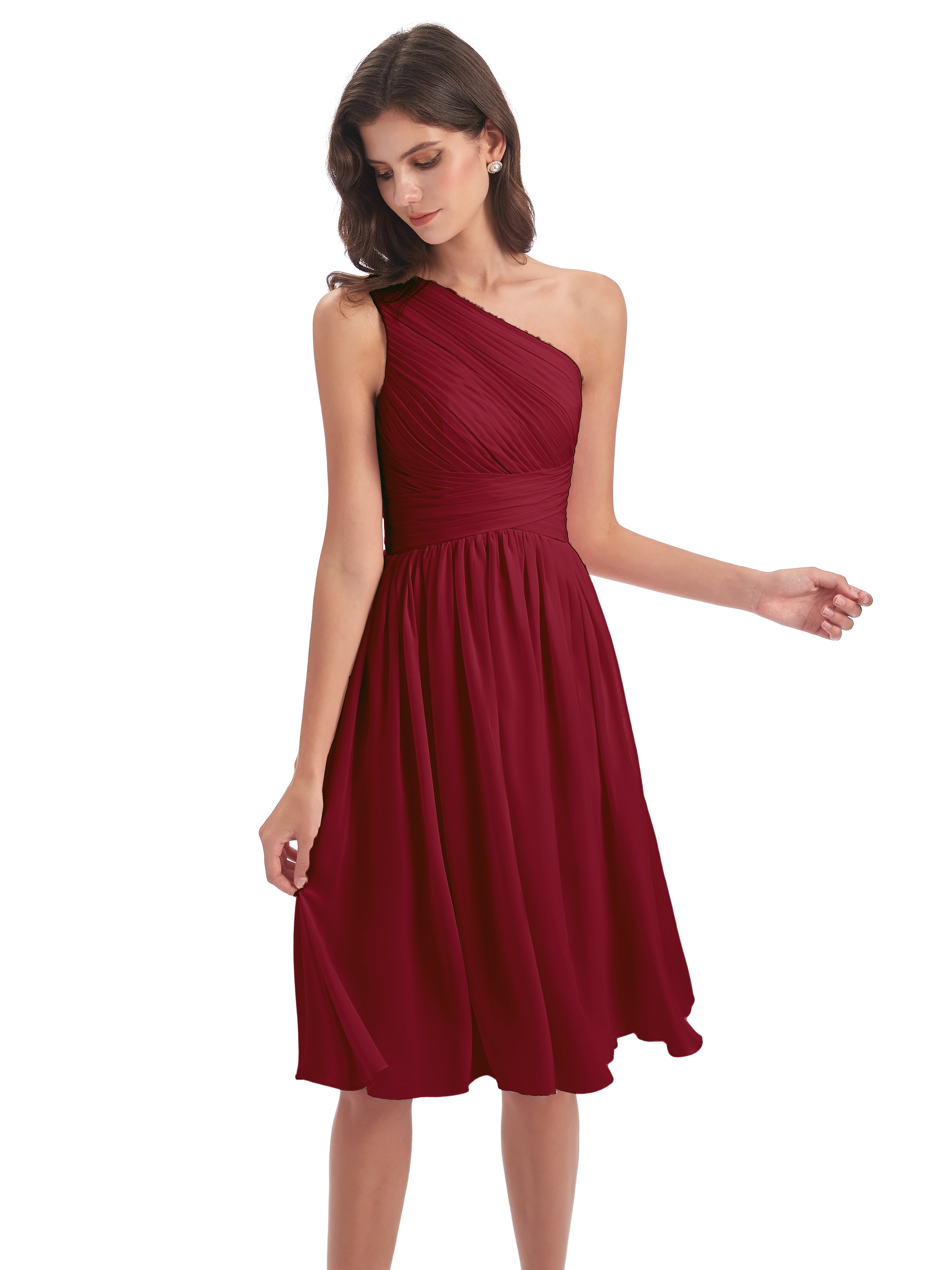 Robe De Demoiselle D Honneur Bordeaux Seule-Épaule Longueur Genou Mousseline Robes Demoiselle D'Honneur