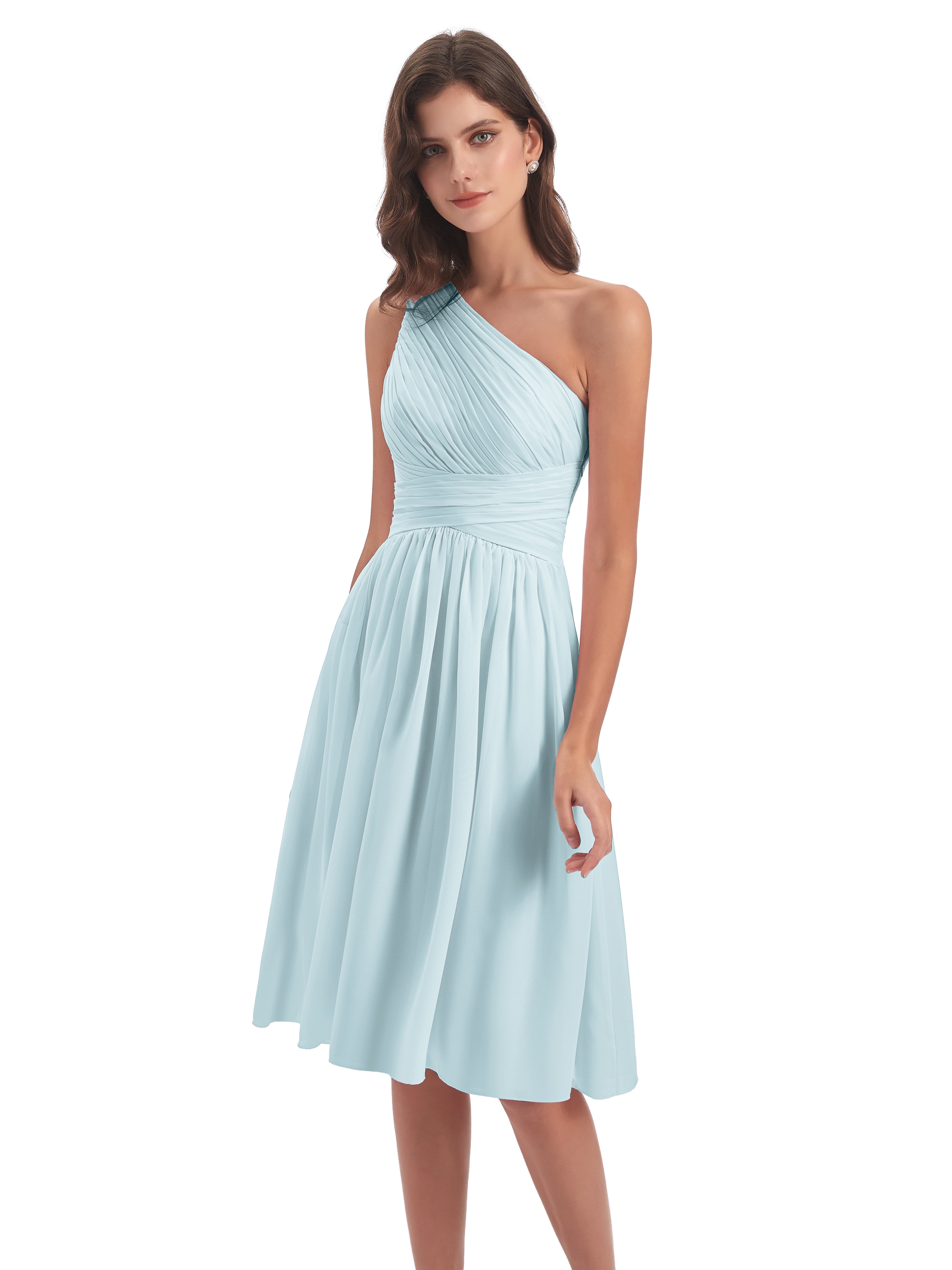 Robe De Demoiselle D'Honneur Brume Seule-Épaule Longueur Genou Mousseline Robes Demoiselle D'Honneur