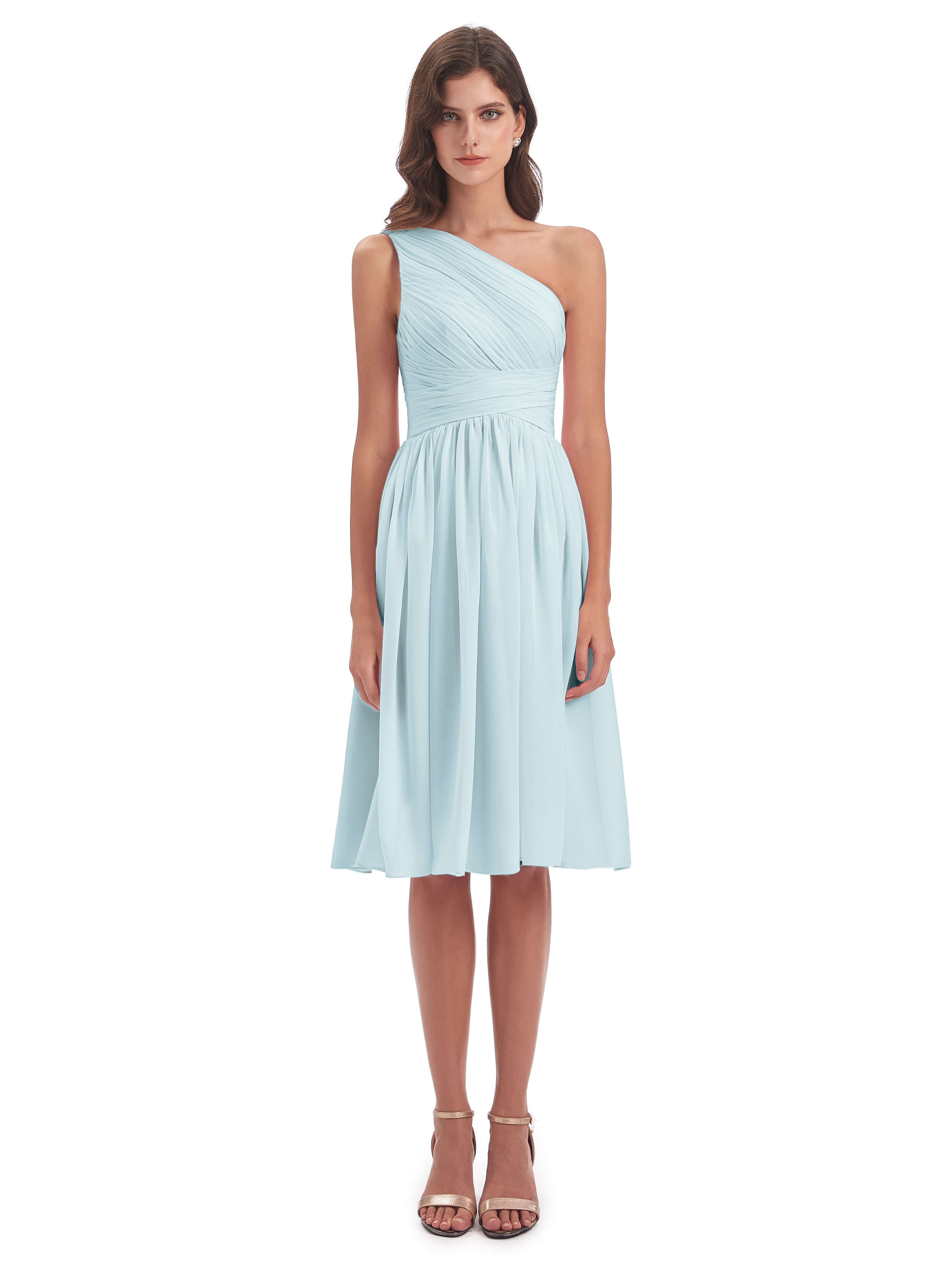 Robe De Demoiselle D'Honneur Brume Seule-Épaule Longueur Genou Mousseline Robes Demoiselle D'Honneur