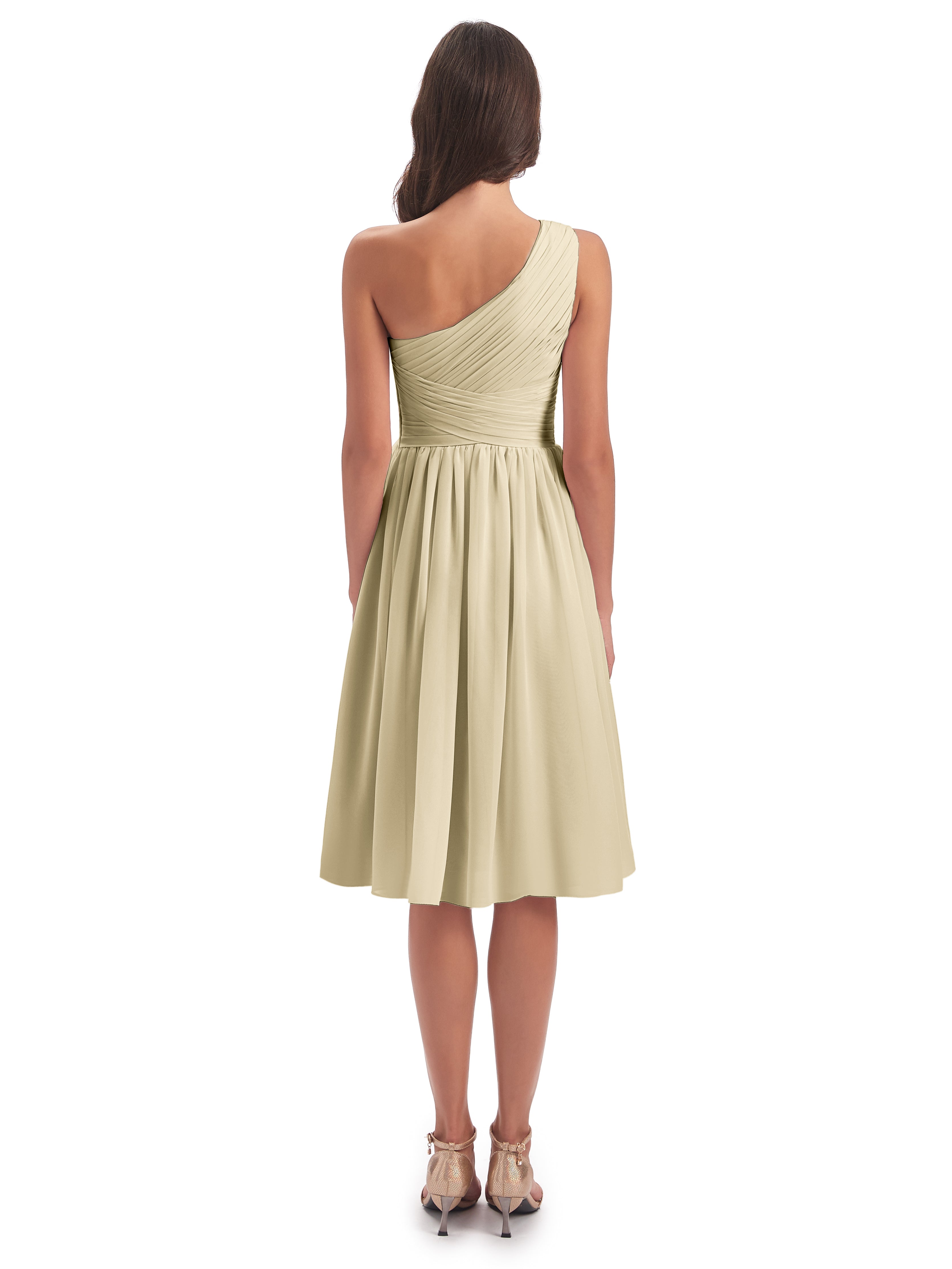 Robe Demoiselle D Honneur Courte Champagne Seule-Épaule Longueur Genou Mousseline Robes Demoiselle D'Honneur