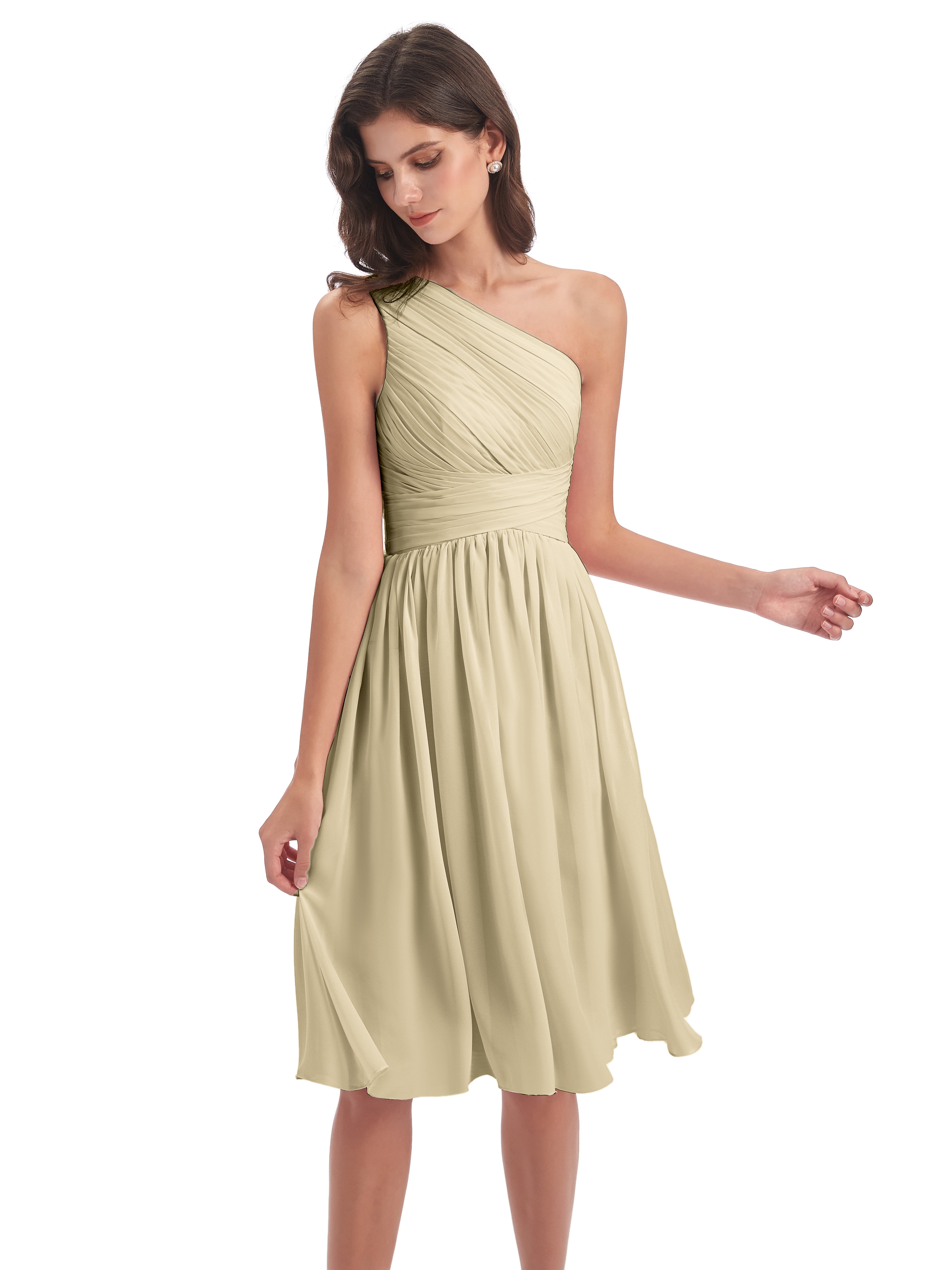 Robe Demoiselle D Honneur Courte Champagne Seule-Épaule Longueur Genou Mousseline Robes Demoiselle D'Honneur